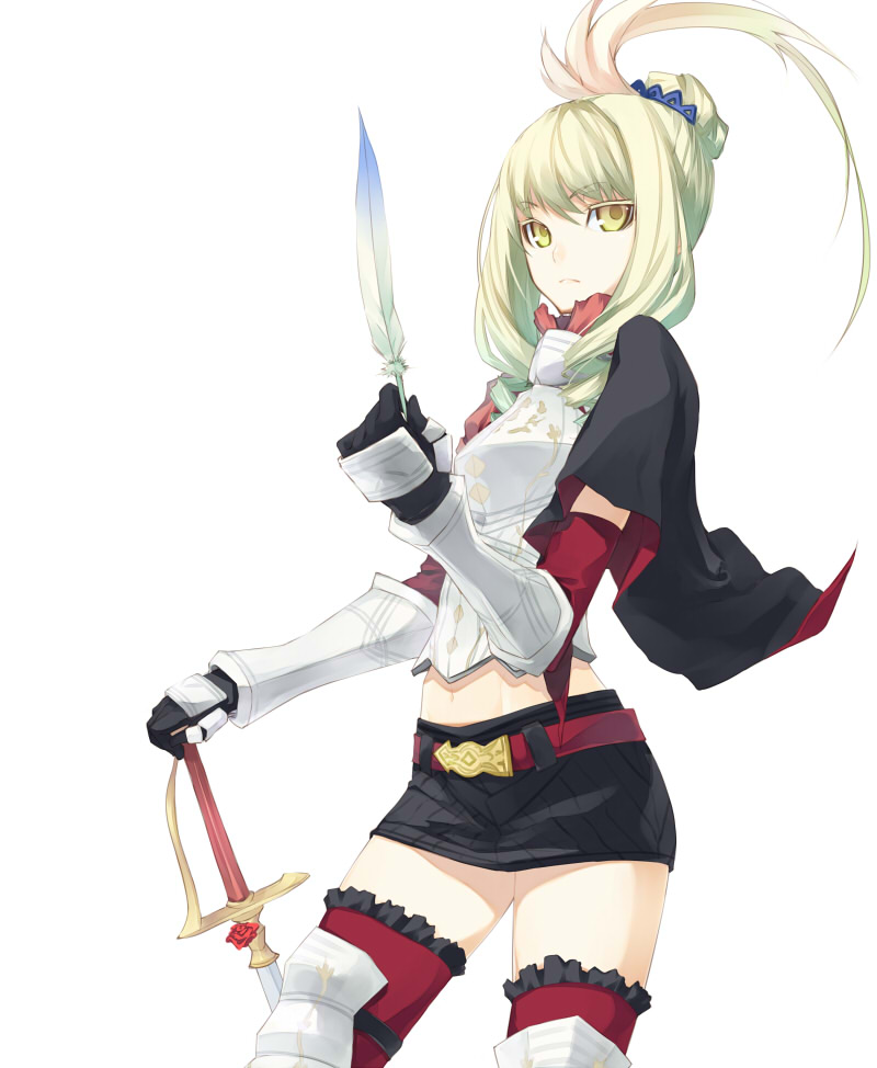 shingo (missing link), fantasy earth zero, bad id, bad pixiv id, 1girl, belt, cape, colored eyelashes, eyelashes, feathers, female focus, gauntlets, green hair, hands on hilt, knight, long hair, midriff, miniskirt, rapier, simple background, skirt, solo, sword, thighhighs, weapon, yellow eyes