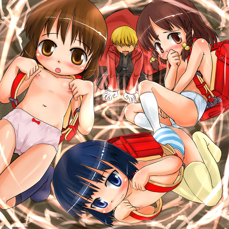 hikami izuto, izuto, fullmetal alchemist, character request, 1boy, 3girls, alchemy, backpack, bag, blue eyes, blue hair, bow, bow panties, brown eyes, brown hair, cameltoe, flat chest, loli, multiple girls, nipples, panties, parody, pink panties, randoseru, socks, striped clothes, striped panties, thighhighs, topless female, underwear, underwear only, white panties