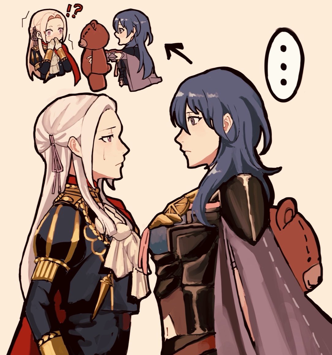 ponzuponta39, edelgard von hresvelg, female byleth (fire emblem), fire emblem, fire emblem: three houses, nintendo, commentary, hashtag-only commentary, !?, …, 2girls, armor, arrow (symbol), ascot, black armor, black cape, blue hair, cape, chibi, closed mouth, from side, garreg mach monastery uniform, hair ribbon, height difference, holding, holding stuffed toy, long hair, multiple girls, pink ribbon, profile, purple eyes, red cape, ribbon, stuffed animal, stuffed toy, sweatdrop, teddy bear, white ascot, white hair
