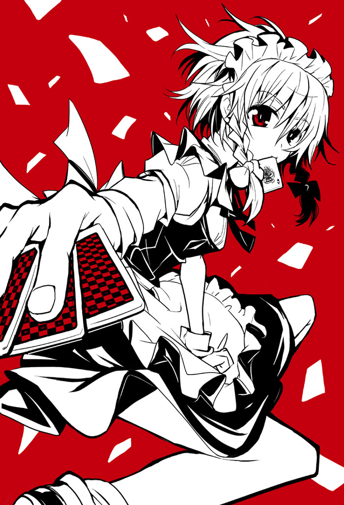 taki tarou, takitarou, izayoi sakuya, touhou, bad id, bad pixiv id, 1girl, braid, card, female focus, floating card, hairband, holding, holding card, maid, mouth hold, red eyes, ribbon, short hair, solo, twin braids