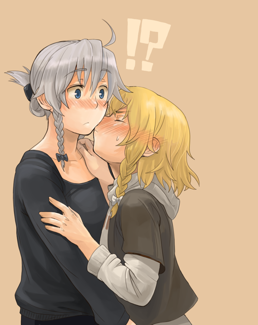 kirusu, izayoi sakuya, kirisame marisa, touhou, silver hair, bad id, bad pixiv id, !, !?, 2girls, ?, alternate hairstyle, blonde hair, blue eyes, blush, braid, female focus, kiss, multiple girls, ribbon, short hair, surprised, yuri