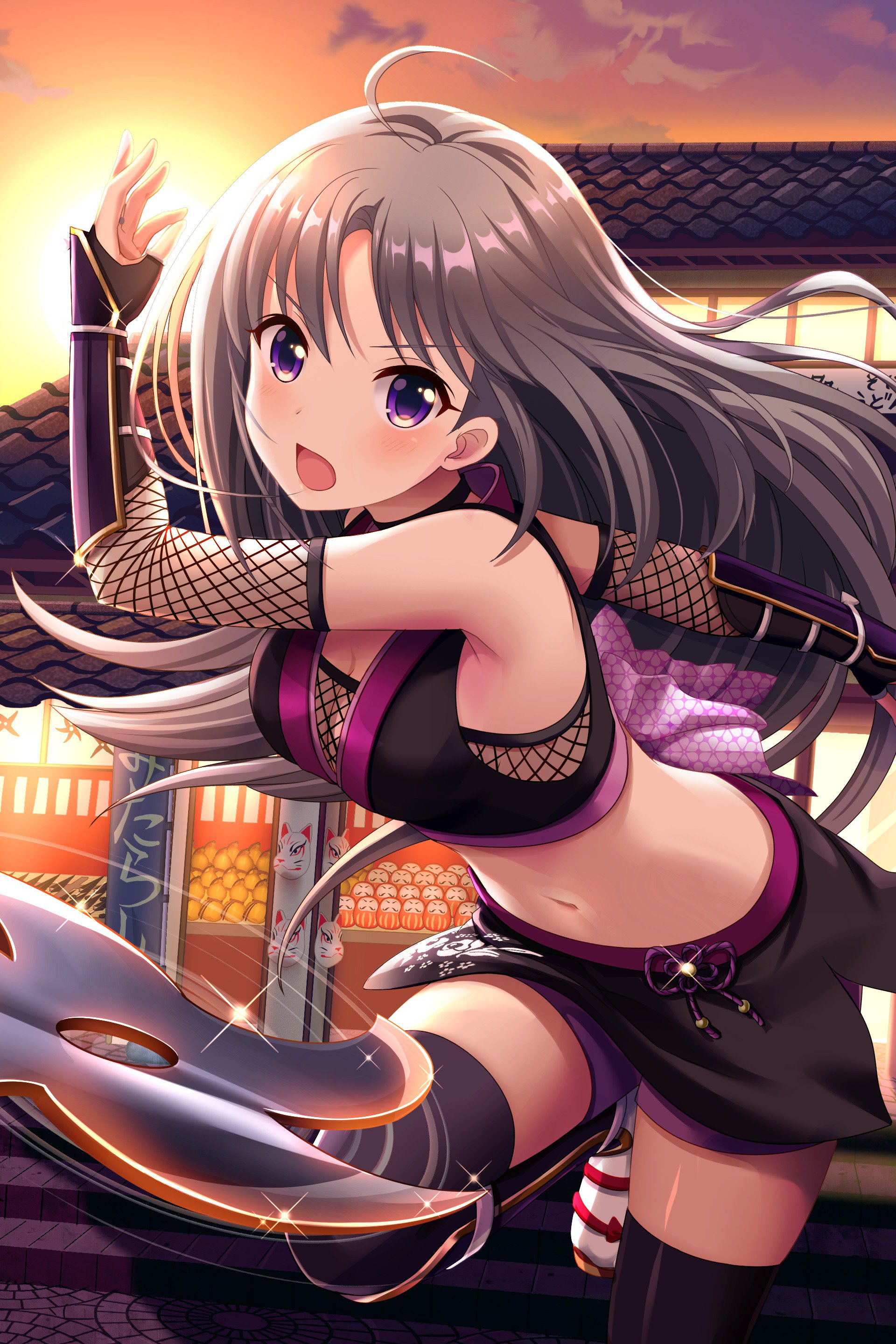 kira sayuri, alternative girls, absurdres, commentary request, highres, official art, second-party source, 1girl, ahoge, architecture, armor, armpits, black skirt, black thighhighs, blush, breasts, cleavage, cloud, crop top, daruma doll, detached sleeves, dot nose, east asian architecture, evening, fishnet sleeves, fishnet top, fishnets, fox mask, gradient sky, grey hair, japanese armor, kote, long hair, looking at viewer, mask, medium breasts, midriff, motion lines, navel, ninja, open mouth, orange sky, outdoors, purple eyes, purple sky, see-through cleavage, see-through clothes, shuriken, skirt, sky, sleeveless, solo, sparkle, speed lines, standing, standing on one leg, sun, thighhighs, throwing, weapon