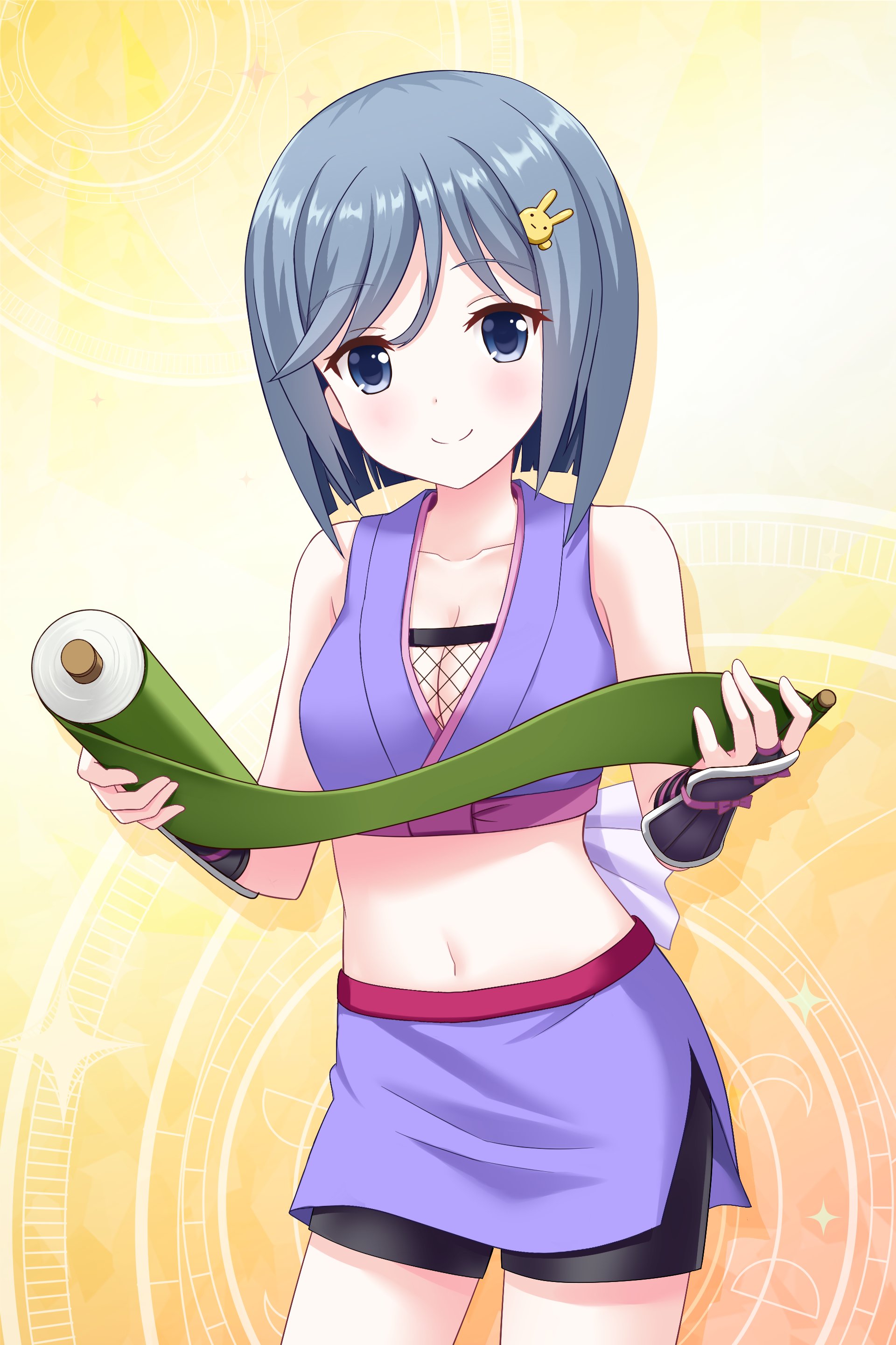 orimiya yui, alternative girls, absurdres, commentary request, highres, official art, second-party source, 1girl, armor, bare shoulders, black shorts, blue eyes, blue hair, bob cut, breasts, cleavage, closed mouth, collarbone, cowboy shot, crop top, fishnet top, fishnets, hair ornament, holding, holding scroll, japanese armor, kote, looking at viewer, midriff, navel, ninja, purple skirt, rabbit hair ornament, scroll, short hair, shorts, shorts under skirt, skirt, sleeveless, smile, solo, yellow background