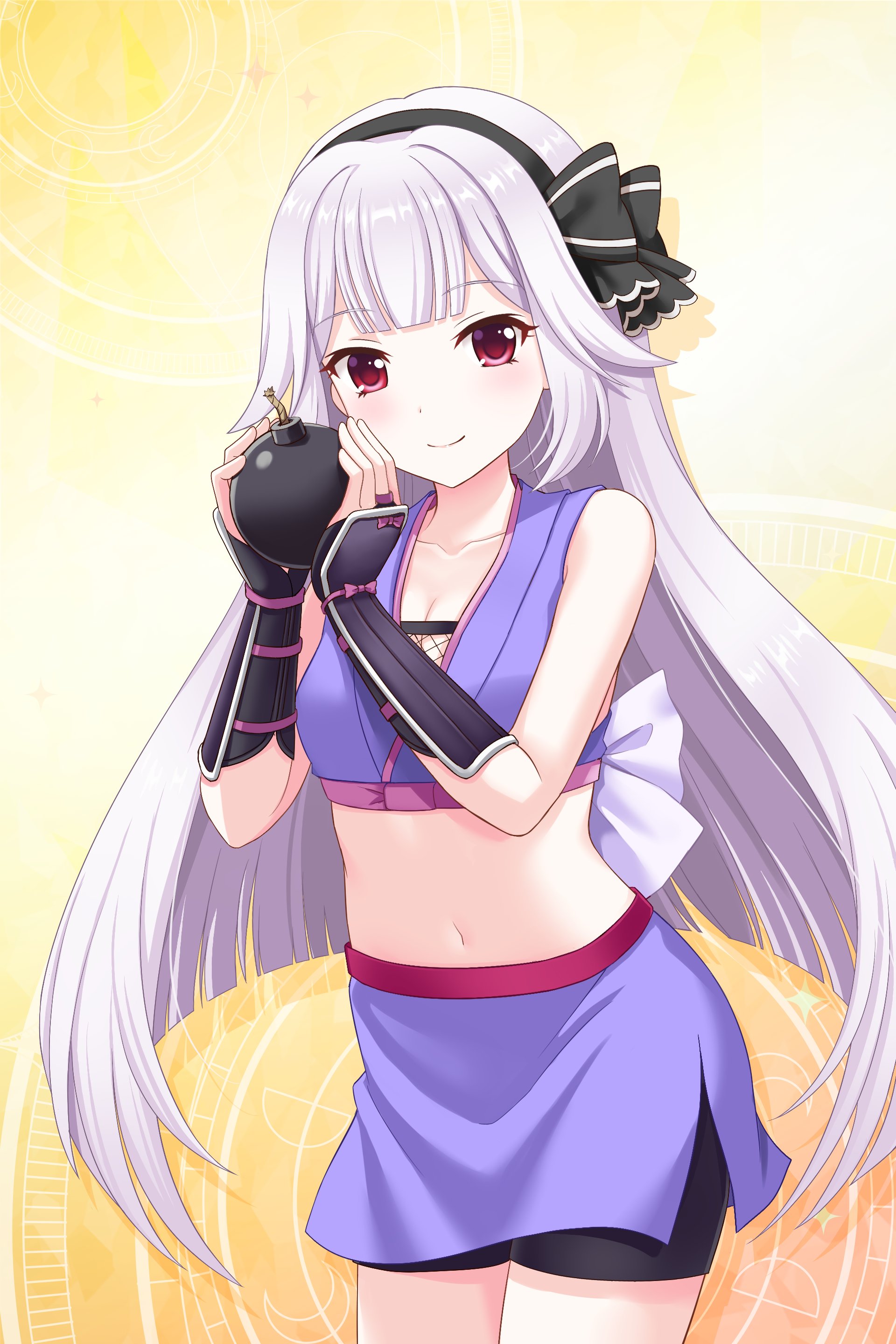 usui miyuki, alternative girls, absurdres, commentary request, highres, official art, second-party source, 1girl, armor, bare arms, black bow, black hairband, blunt ends, blush, bomb, bow, bow hairband, breasts, cleavage, closed mouth, collarbone, cowboy shot, crop top, dot nose, explosive, fishnet top, fishnets, hairband, hands up, holding, holding bomb, japanese armor, kote, looking at viewer, midriff, navel, ninja, purple skirt, red eyes, skirt, sleeveless, small breasts, smile, solo, white hair, yellow background