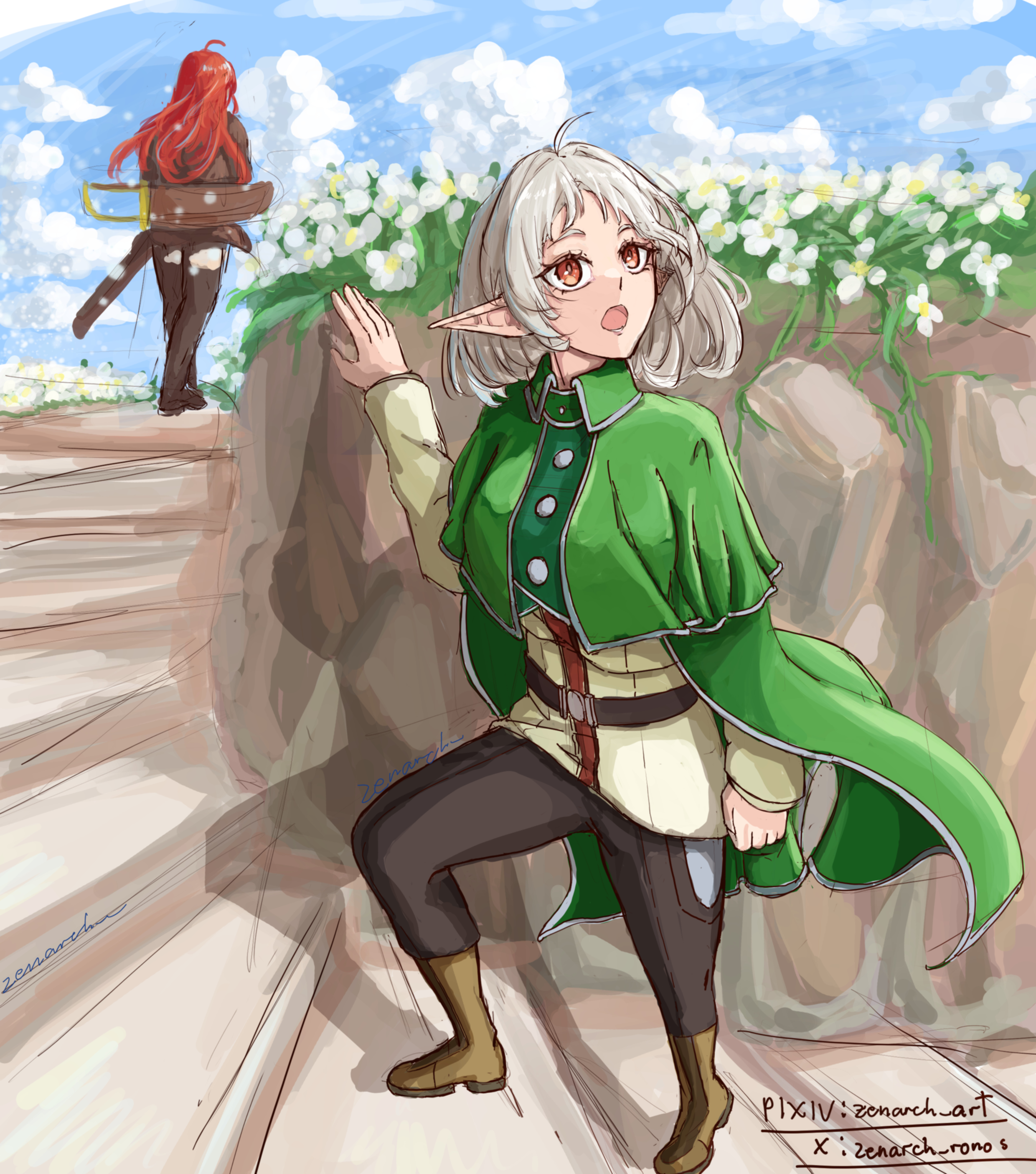 eris greyrat, sylphiette (mushoku tensei), mushoku tensei, absurdres, highres, 2girls, ahoge, arciel (nijuyon zen), blue sky, cloak, cloud, elf, field, flower, flower field, green cloak, looking to the side, multiple girls, on stairs, open mouth, pointy ears, ranoa magic academy school uniform, red eyes, red hair, school uniform, sheath, sky, stairs, white flower