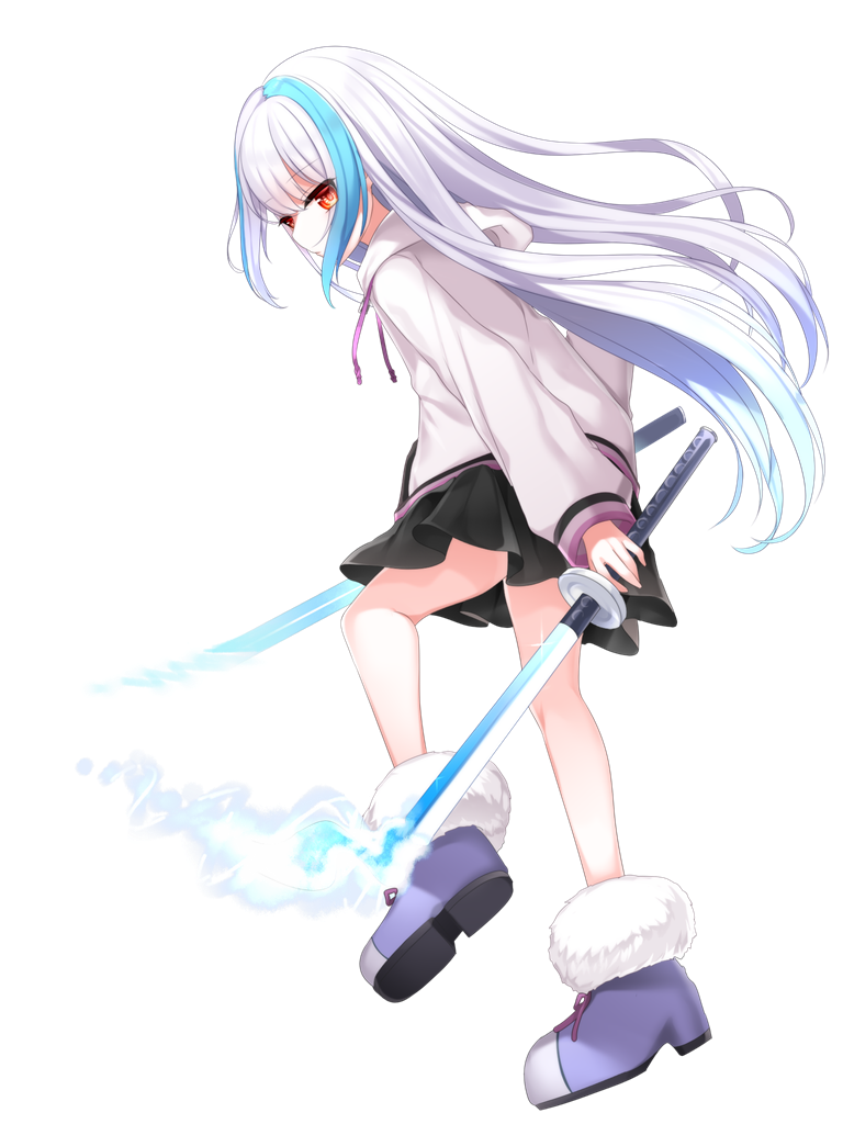 dairoku ryouhei, 1girl, blue hair, boots, dual wielding, full body, holding, holding sword, holding weapon, long hair, long sleeves, looking at viewer, mitsuhi lecott, multicolored hair, red eyes, shirt, short shorts, shorts, solo, sword, weapon, white hair, white shirt, yagisan (tw)