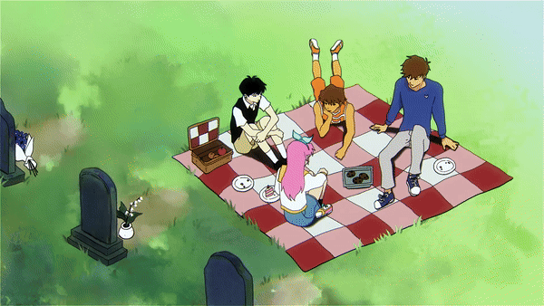 sapgoon, aubrey (faraway) (omori), aubrey (omori), hero (faraway) (omori), hero (omori), kel (faraway) (omori), kel (omori), sunny (omori), omori, animated, animated gif, 1990s (style), 1girl, 3boys, antenna hair, arm support, black eyes, black hair, black shoes, black sweater vest, blue hairband, blue shoes, blue skirt, bouquet, brothers, brown hair, brown shorts, checkered blanket, collared shirt, dark-skinned male, dark skin, denim, denim skirt, flower, grey pants, hairband, jacket, knees up, lily of the valley, long hair, multiple boys, orange shorts, orange socks, pants, picnic basket, picnic blanket, pink hair, plate, retro artstyle, shirt, shoes, short hair, short sleeves, shorts, siblings, sitting, skirt, sneakers, socks, sweater vest, tombstone, tree, vase, white jacket, white shirt, white socks