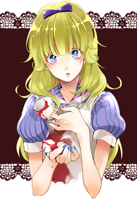 masato (mst), alice (alice in wonderland), alice's adventures in wonderland, bad id, bad pixiv id, 1girl, blonde hair, blue eyes, blue nails, bow, cup, female focus, hair bow, nail polish, purple eyes, solo, stain, teacup