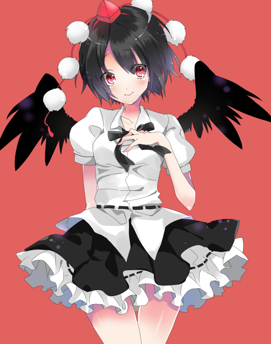masato (mst), shameimaru aya, touhou, bad id, bad pixiv id, 1girl, black hair, black wings, blush, female focus, geta, hat, red eyes, short hair, simple background, skirt, solo, tokin hat, wings