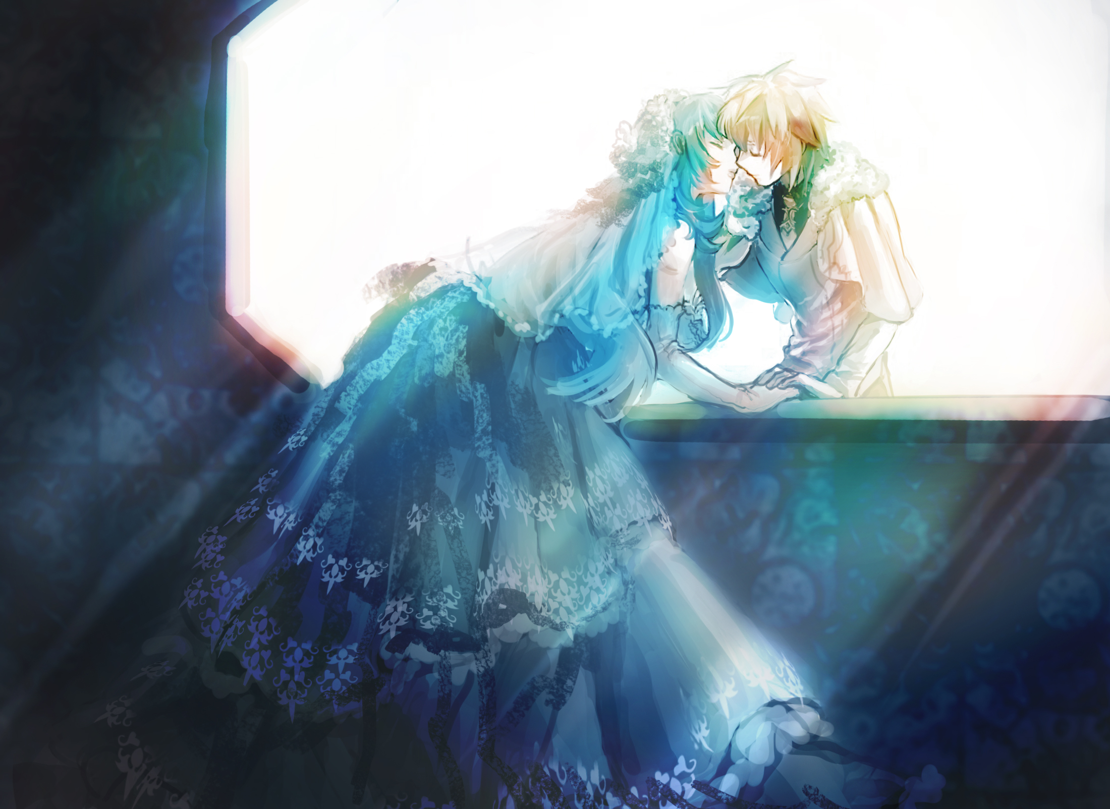 amyucheu, chung seiker, deadly chaser (elsword), sasha (elsword), elsword, commentary, highres, 1boy, 1girl, alternate costume, blonde hair, blue dress, blue hair, brown hair, closed eyes, dress, elbow gloves, gloves, hetero, holding hands, imminent kiss, long hair, multicolored hair, necktie, short hair, streaked hair, two-tone hair, veil