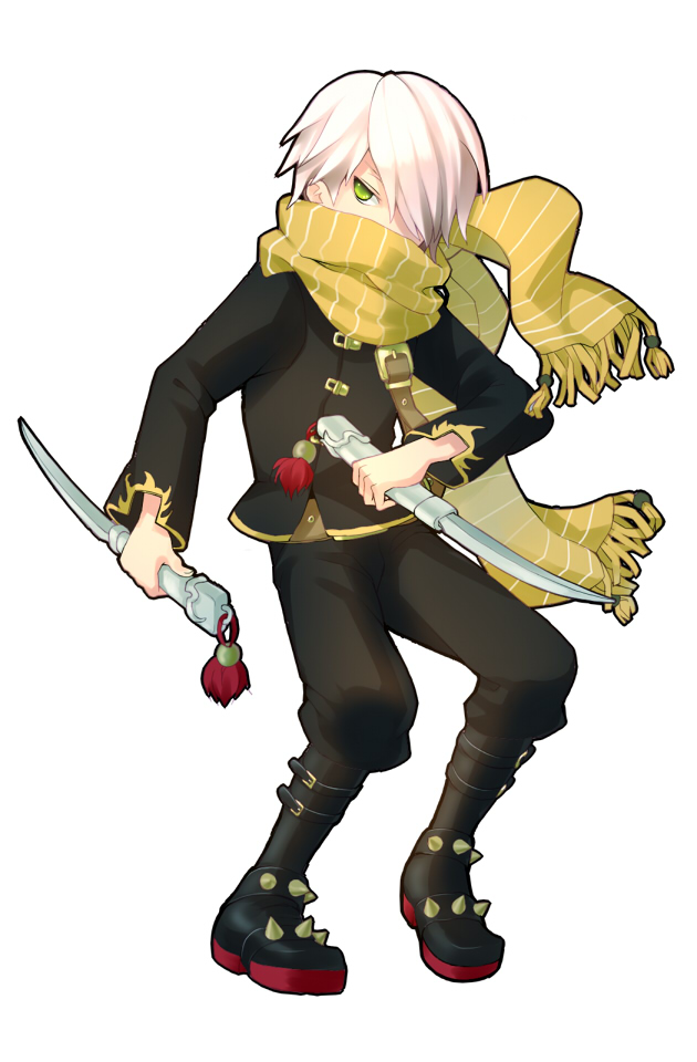 rogue (7th dragon), yac (7th dragon), 7th dragon, 7th dragon (series), 1boy, dagger, green eyes, knife, male focus, scarf, solo, weapon, white hair