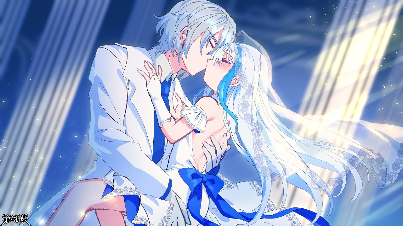 shichigatsu, dairoku ryouhei, 1girl, blue bow, blue hair, blue necktie, blurry, blurry background, blush, bow, bridal gauntlets, closed eyes, column, copyright name, dress, formal clothes, gloves, grey hair, hetero, kiss, long sleeves, mitsuhi lecott, multicolored hair, necktie, pillar, radin quartz, streaked hair, suit, sunlight, white dress, white gloves, white hair, white suit