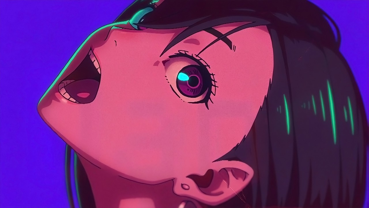 ayase momo, dandadan, anime screenshot, official art, 1girl, abel gongora, anime coloring, black hair, close-up, eyelashes, green light, hair between eyes, head tilt, looking at viewer, looking to the side, medium hair, neck, open mouth, portrait, purple background, purple eyes, science saru, shadow, simple background, solo, teeth, tongue