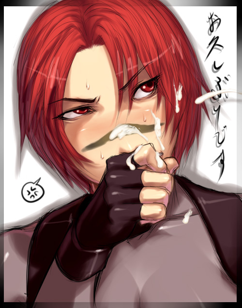 sawao, regina (dino crisis), capcom, dino crisis, translated, 1girl, angry, blush, cum, cum on body, cum on fingers, facial, female focus, fingerless gloves, gloves, red eyes, red hair, scar, short hair, simple background, solo, sweat, white background