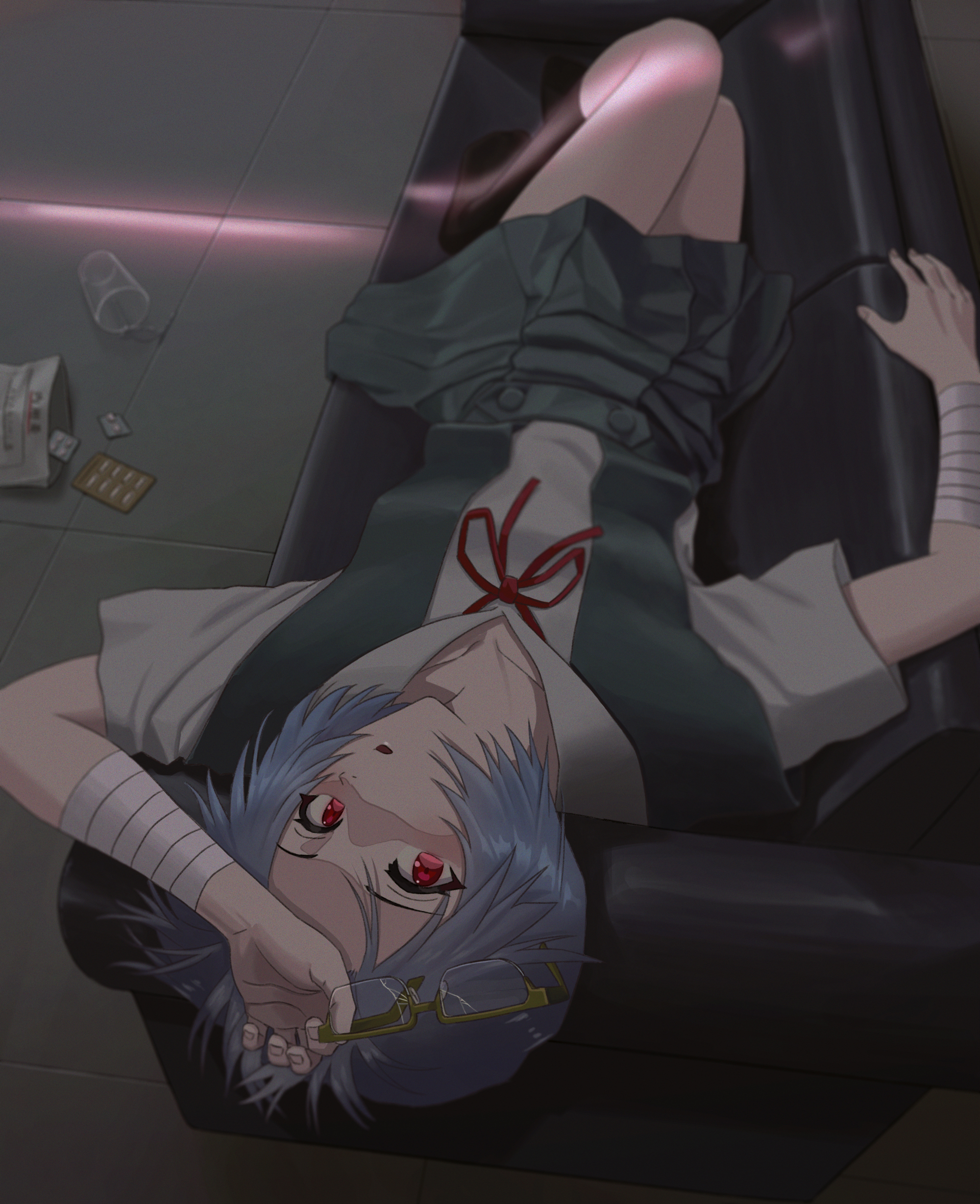 makimoto z, ayanami rei, neon genesis evangelion, absurdres, commentary, highres, 1girl, aqua skirt, arm up, bandaged arm, bandages, black socks, blister pack, blue hair, blurry, blurry background, blush, borrowed accessory, bow, bowtie, broken eyewear, collarbone, collared shirt, couch, cup, depth of field, dress shirt, envelope, from above, hair pulled back, hand on own forehead, holding, holding removed eyewear, knees up, light blush, looking at viewer, looking up, lounging, lying, medicine, neck ribbon, no shoes, on back, on couch, over-rim eyewear, parted lips, pill, rectangular eyewear, red bow, red bowtie, red eyes, red ribbon, ribbon, school uniform, semi-rimless eyewear, shirt, short hair, short sleeves, skirt, socks, solo, suspender skirt, suspenders, tile floor, tiles, tokyo-3 middle school uniform, unworn eyewear, white shirt