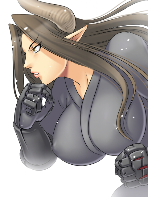 amaga sakuramaru, pixiv yousenki, bad id, bad pixiv id, 1girl, breasts, brown hair, female focus, gloves, horns, huge breasts, lips, long hair, parted lips, pointy ears, solo, white background