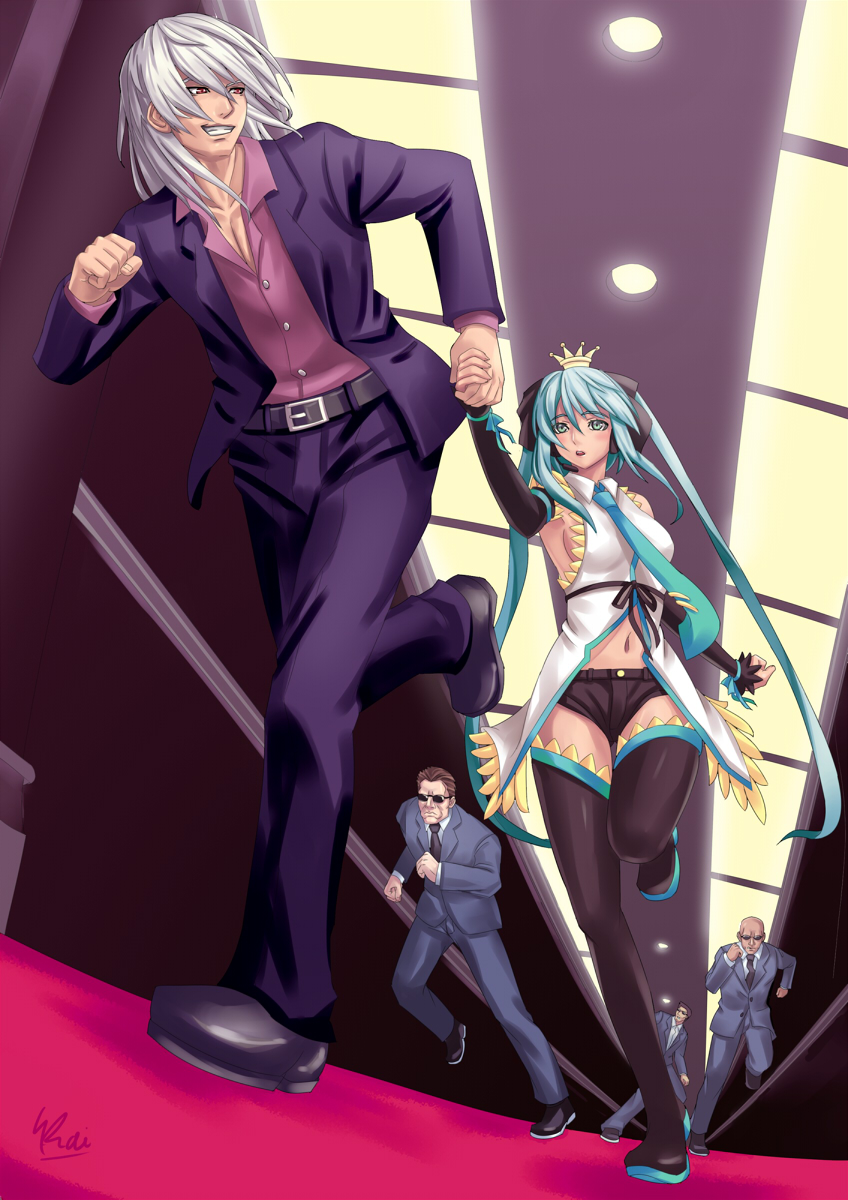 kaizeru, hatsune miku, vocaloid, highres, 1girl, 4boys, adapted costume, blue hair, long hair, multiple boys, thighhighs, twintails, very long hair