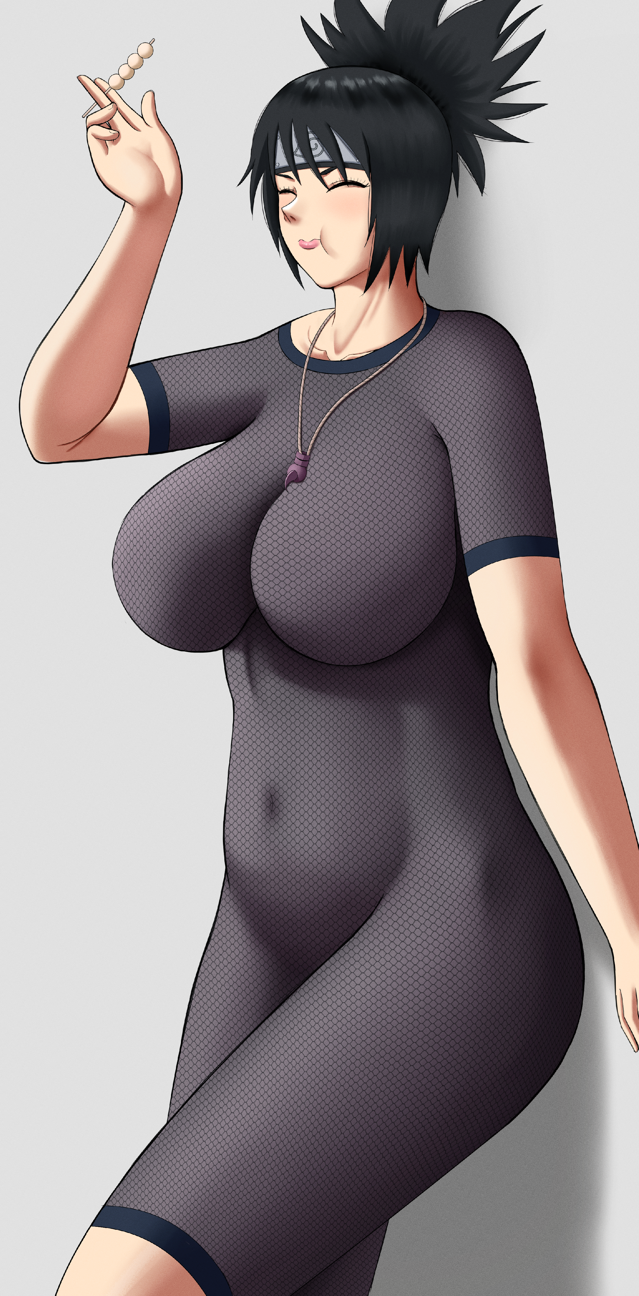 poketune, mitarashi anko, naruto (classic), naruto (series), naruto shippuuden, absurdres, highres, 1girl, black hair, breasts, eating, happy, large breasts, short hair, smile, solo