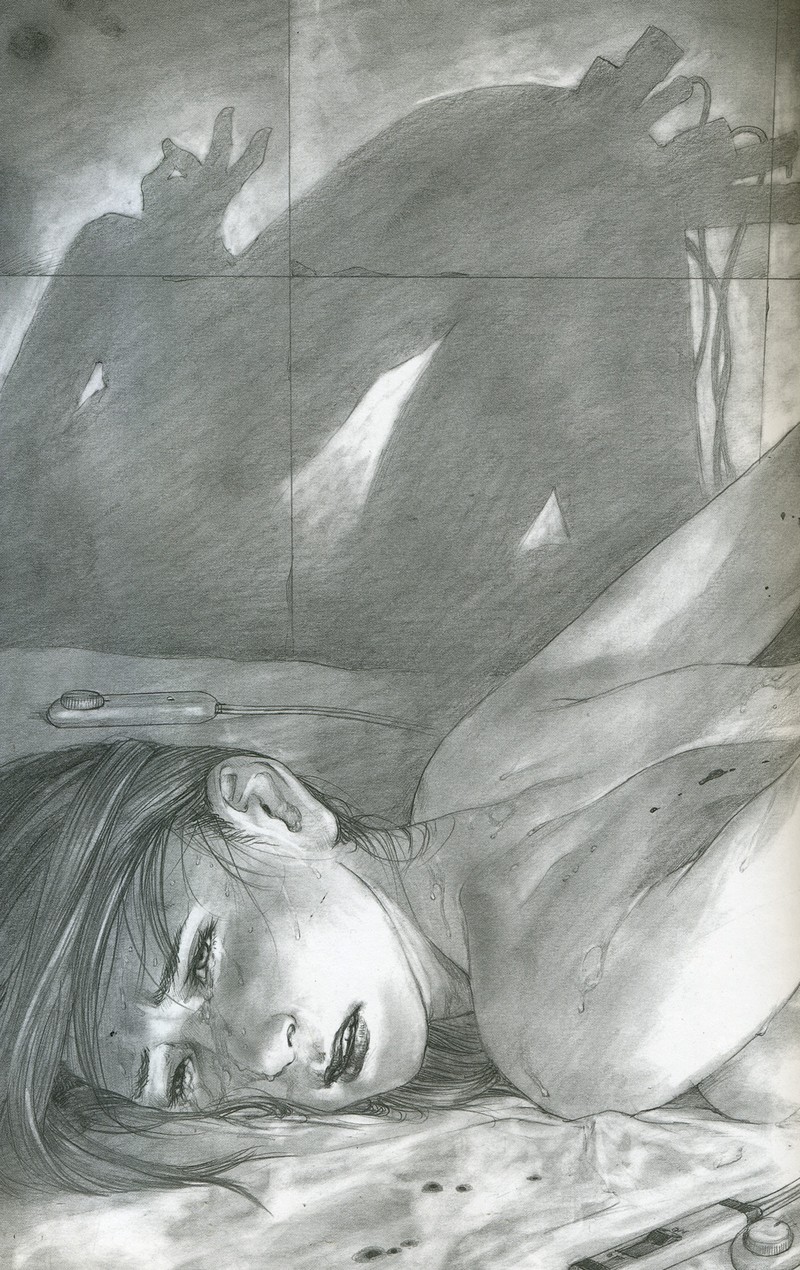 hiroaki samura, samura hiroaki, hitodenashi no koi, highres, 1girl, arms behind back, dildo, female focus, greyscale, monochrome, multiple insertions, nude, object insertion, pain, sex toy, shadow, solo, sweat, tears, vibrator