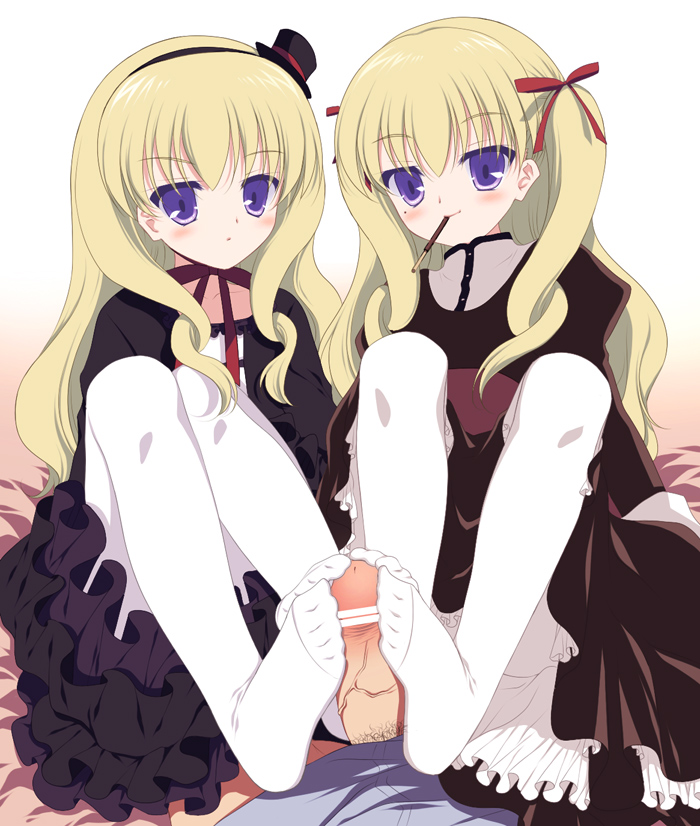 sumii, layla (venus versus virus), lola, lola (venus versus virus), venus versus virus, bad id, bad pixiv id, 00s, 2girls, bar censor, blonde hair, blush, censored, cooperative footjob, feet, food, footjob, footjob with legwear, goth fashion, hat, long hair, mini hat, mini top hat, mole, mole under eye, mouth hold, multiple girls, pantyhose, penis, petite, pocky, pov, purple eyes, siblings, smile, teamwork (sexual), top hat, twins, white pantyhose