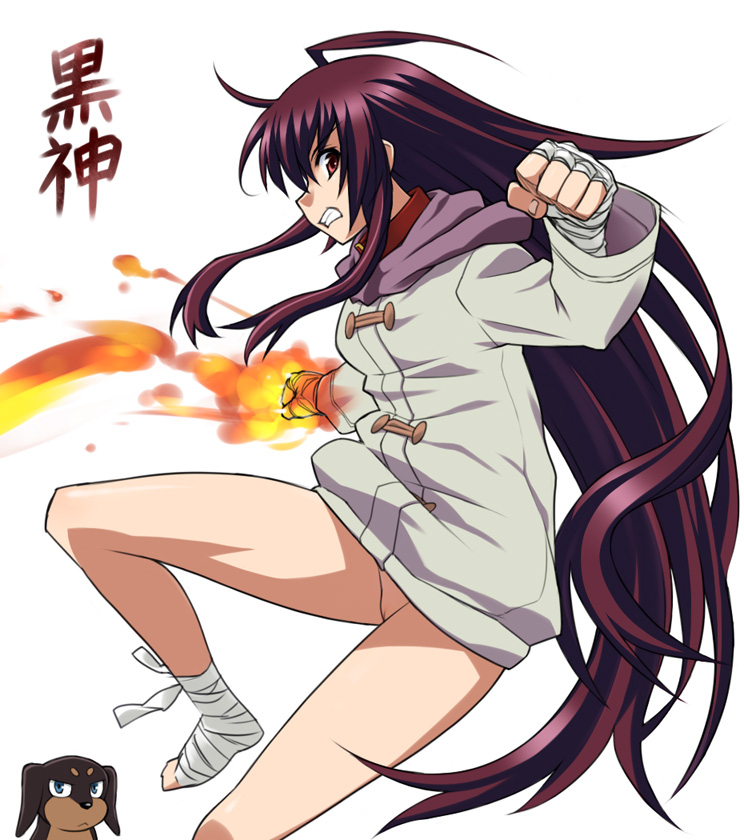 itoji, kuro (kurokami), punipuni (dog), kurokami, 00s, 1girl, ahoge, bandages, bottomless, brown eyes, brown hair, clenched hand, dachshund, dog, fire, long hair, no panties, pussy, toeless legwear, very long hair