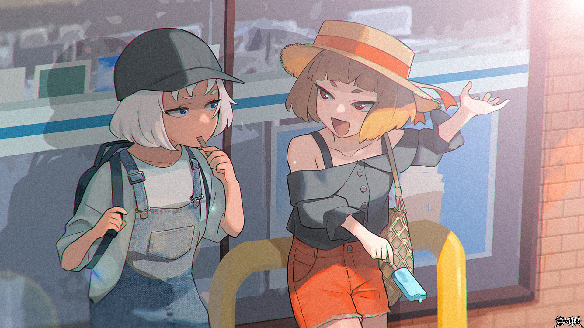 dairoku ryouhei, highres, 2girls, :d, backpack, bag, baseball cap, black hat, black shirt, blue eyes, bob cut, brown hair, copyright name, denim overalls, eating, eye contact, food, hand up, handbag, hat, holding, holding food, holding popsicle, looking at another, manako123901, multiple girls, open mouth, orange shorts, outdoors, penetrator pierce, popsicle, red eyes, shadow, shirt, short hair, shorts, smile, sun hat, valetta kanon, white hair