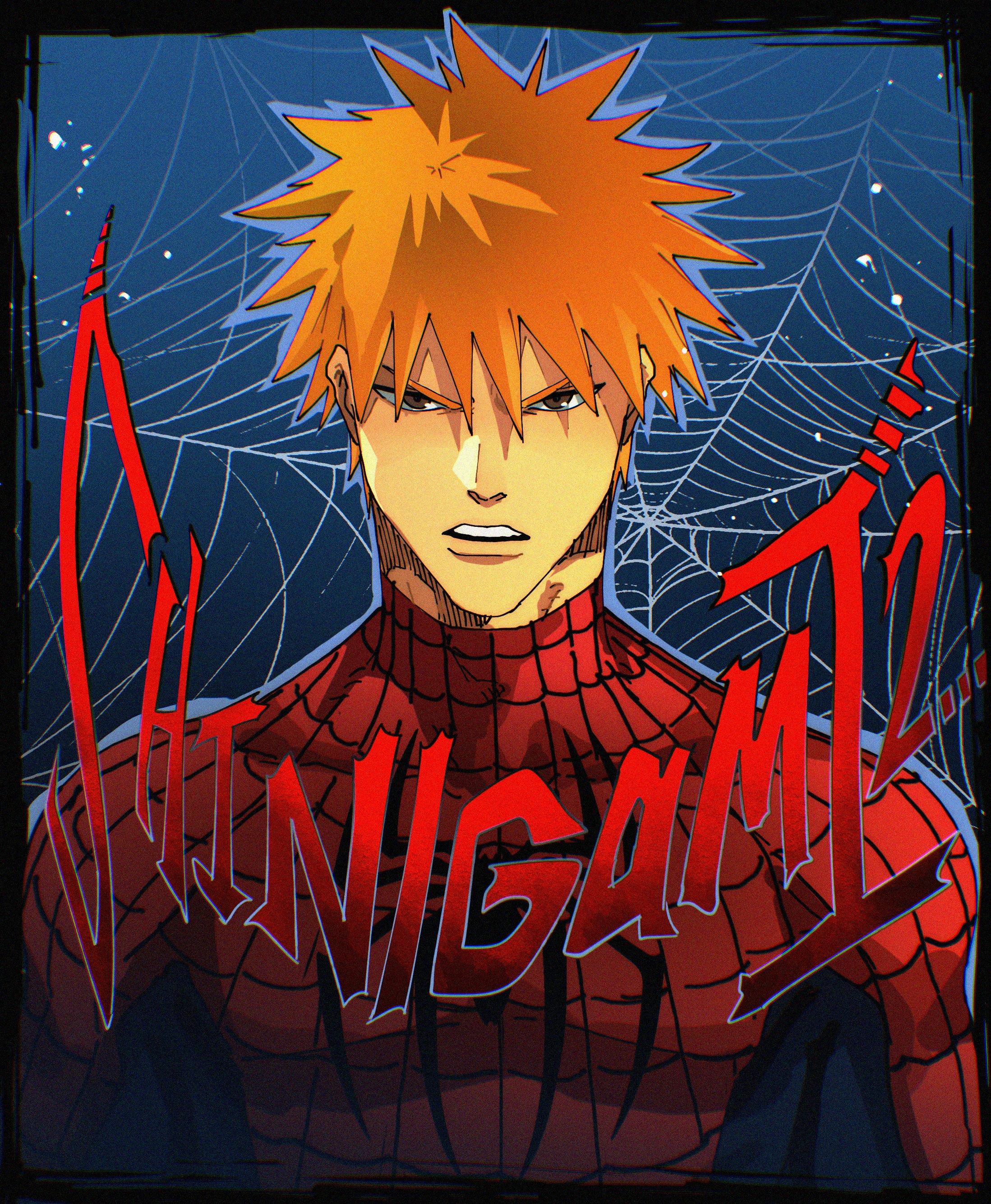 isaacchief300, kurosaki ichigo, spider-man, bleach, marvel, spider-man (series), absurdres, highres, 1boy, animal print, bodysuit, brown eyes, cosplay, crossover, english text, hair between eyes, looking at viewer, orange hair, parted lips, silk, spider-man (cosplay), spider print, spider web, spider web print, spiked hair, superhero costume, upper body, v-shaped eyebrows