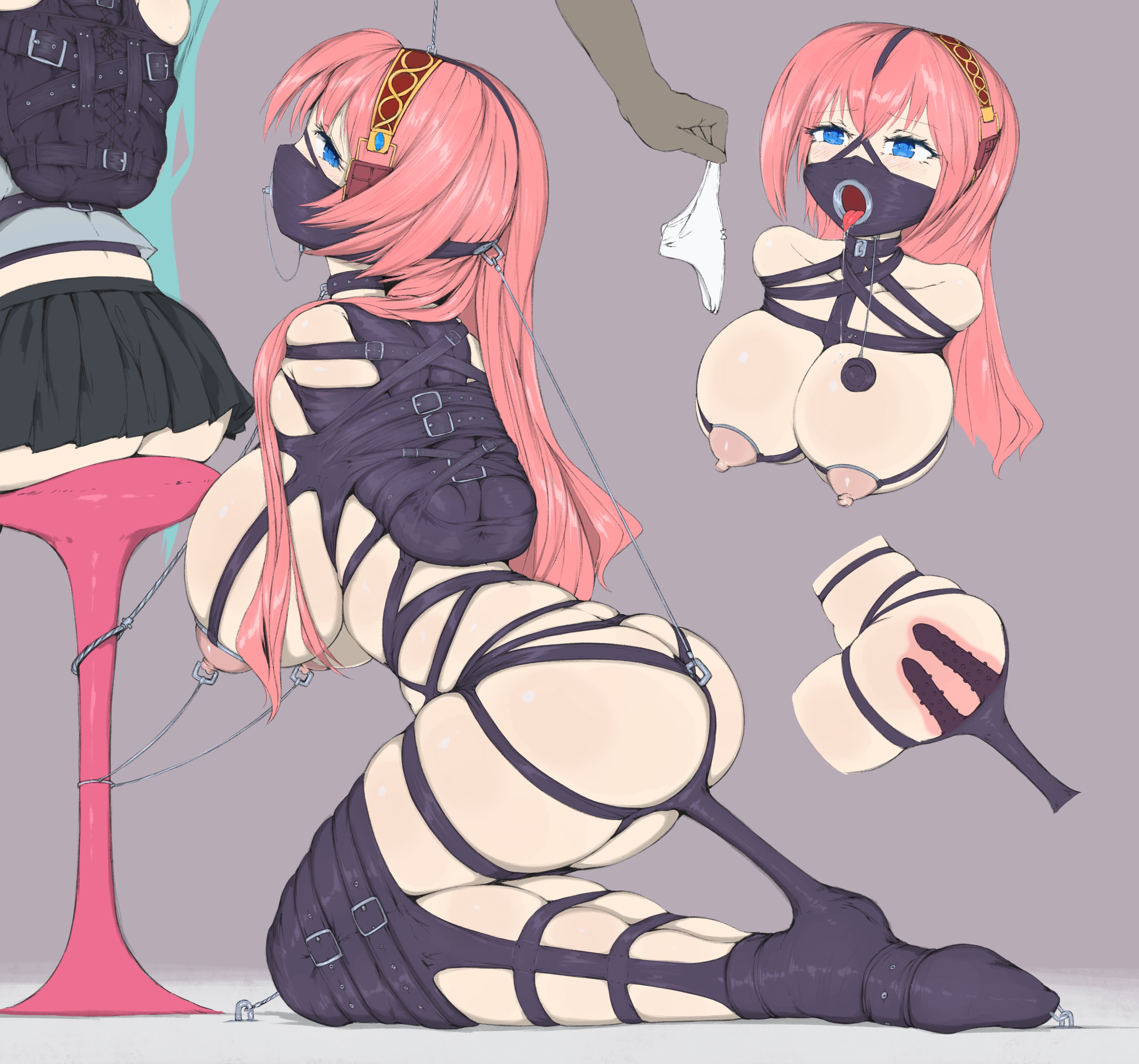 ameng (katena1990), hatsune miku, megurine luka, vocaloid, absurdres, highres, 2girls, anal, anal object insertion, arms behind back, bdsm, blue eyes, bondage, bound, breasts, dildo, gag harness, gagged, immobilization, large breasts, legbinder, long hair, multiple girls, nipple piercing, nipples, object insertion, piercing, pink hair, restrained, reverse prayer, sex toy, tongue, tongue out, vaginal, vaginal object insertion