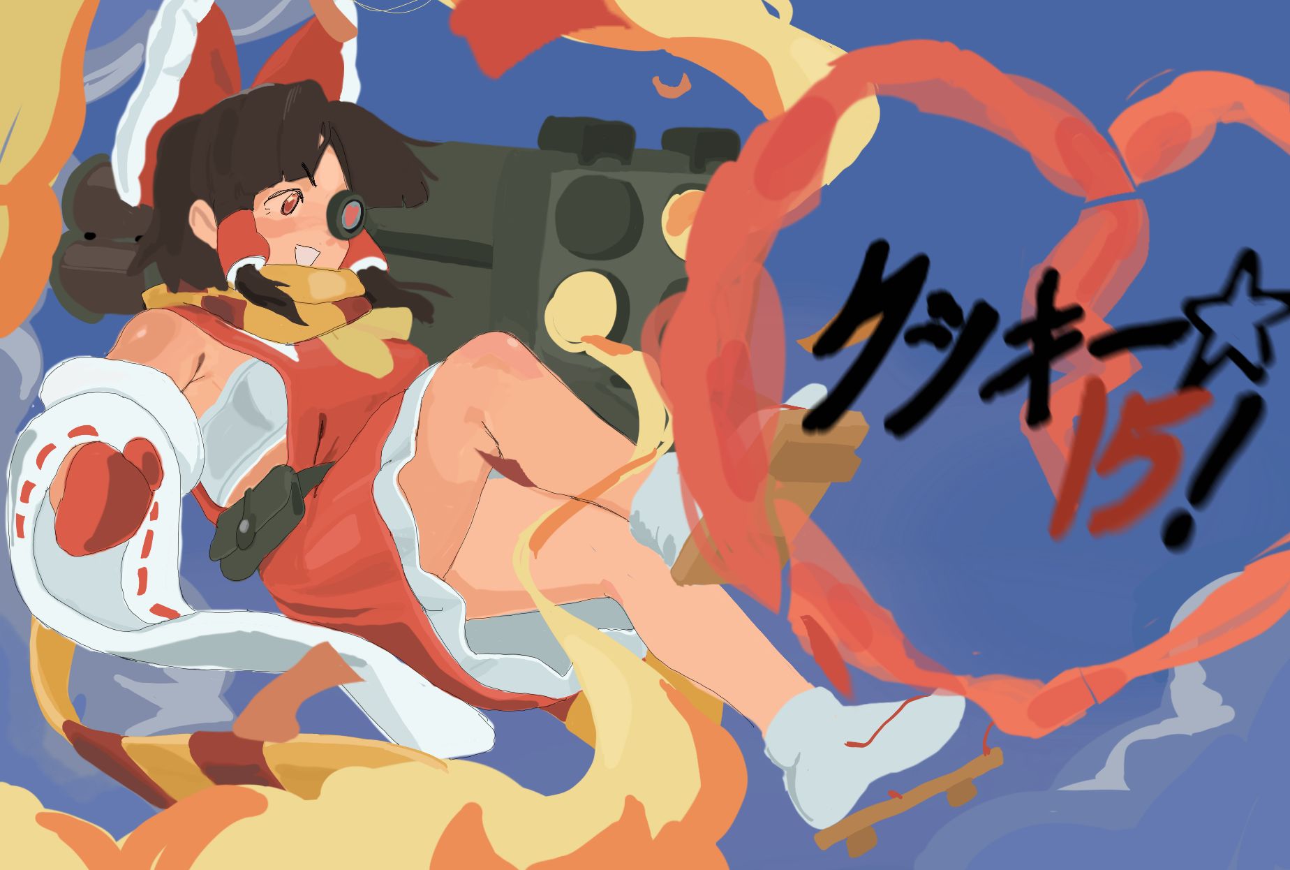 magicwell, benikurage (cookie), hakurei reimu, cookie (touhou), touhou, commentary request, highres, 1girl, ascot, bandeau, black hair, blue background, bow, breasts, brown eyes, brown sandals, detached sleeves, frilled bow, frilled hair tubes, frills, full body, geta, hair bow, hair tubes, holding, holding rocket launcher, holding weapon, mittens, multishot rocket launcher, open mouth, orange scarf, red bow, red mittens, red shirt, red skirt, ribbon-trimmed sleeves, ribbon trim, rocket launcher, sandals, scarf, shirt, short hair, sidelocks, skirt, skirt set, sleeveless, sleeveless shirt, small breasts, socks, solo, weapon, white bandeau, white sleeves, white socks, yellow ascot