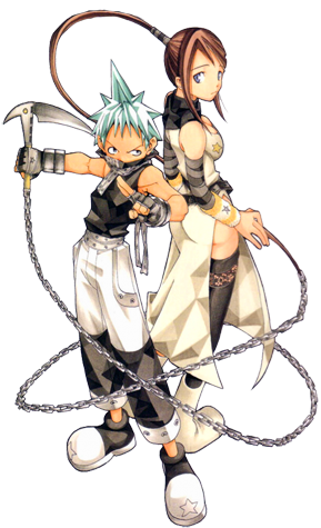 ohkubo atsushi, black star, nakatsukasa tsubaki, soul eater, striped, lowres, official art, 00s, 1boy, 1girl, aqua hair, arm warmers, ass, back-to-back, bare shoulders, belt, belt skirt, biceps, black thighhighs, blue eyes, boots, breasts, brown hair, chain, cleavage, covered mouth, detached sleeves, dress, fingerless gloves, full body, gloves, high ponytail, holding, holding weapon, kusarigama, large breasts, long hair, looking back, ninja, personification, ponytail, scarf, sickle, side slit, sidelocks, sleeveless, sleeveless turtleneck, standing, star (symbol), studded belt, thighhighs, transparent background, turtleneck, weapon