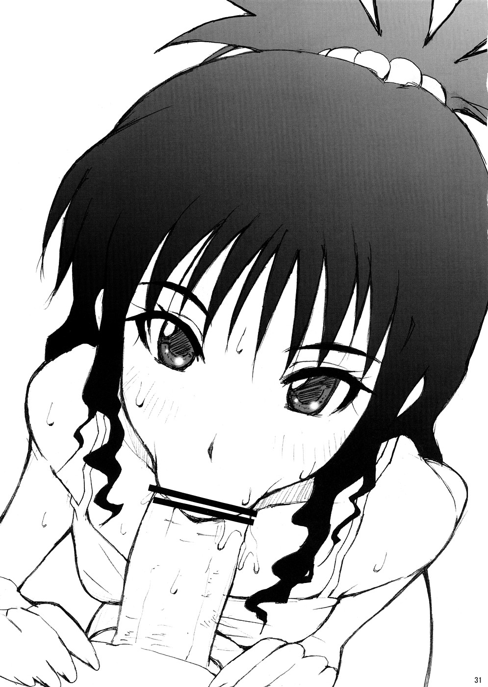 yuuki mikan, to love-ru, highres, 00s, 1girl, :>=, blush, censored, fellatio, greyscale, monochrome, oral, penis, pointless censoring, pov, solo focus