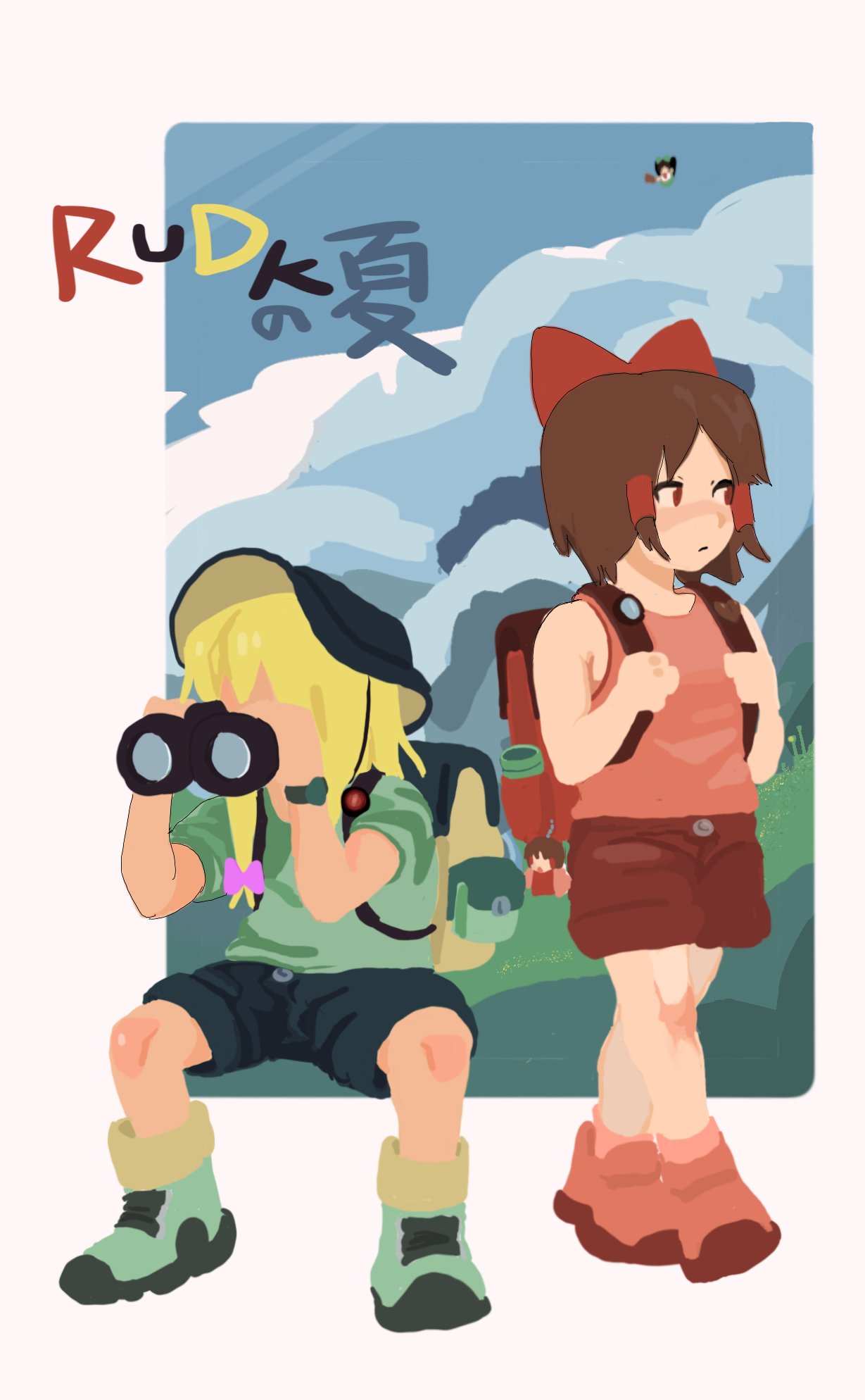 magicwell, hakurei reimu, kirisame marisa, nadeko (cookie), reiuji utsuho, reu (cookie), sakenomi (cookie), uzuki (cookie), cookie (touhou), touhou, commentary request, highres, translation request, 3girls, alternate costume, backpack, bag, binoculars, black hat, blonde hair, blue sky, boots, border, bow, closed mouth, cloud, day, expressionless, full body, green shirt, green shoes, hair bow, hair tubes, hat, holding, holding binoculars, long hair, looking afar, multiple girls, outdoors, outside border, pink boots, pink bow, pink tank top, red bow, red eyes, red shorts, shirt, shoes, short hair, shorts, sky, sneakers, tank top, white border
