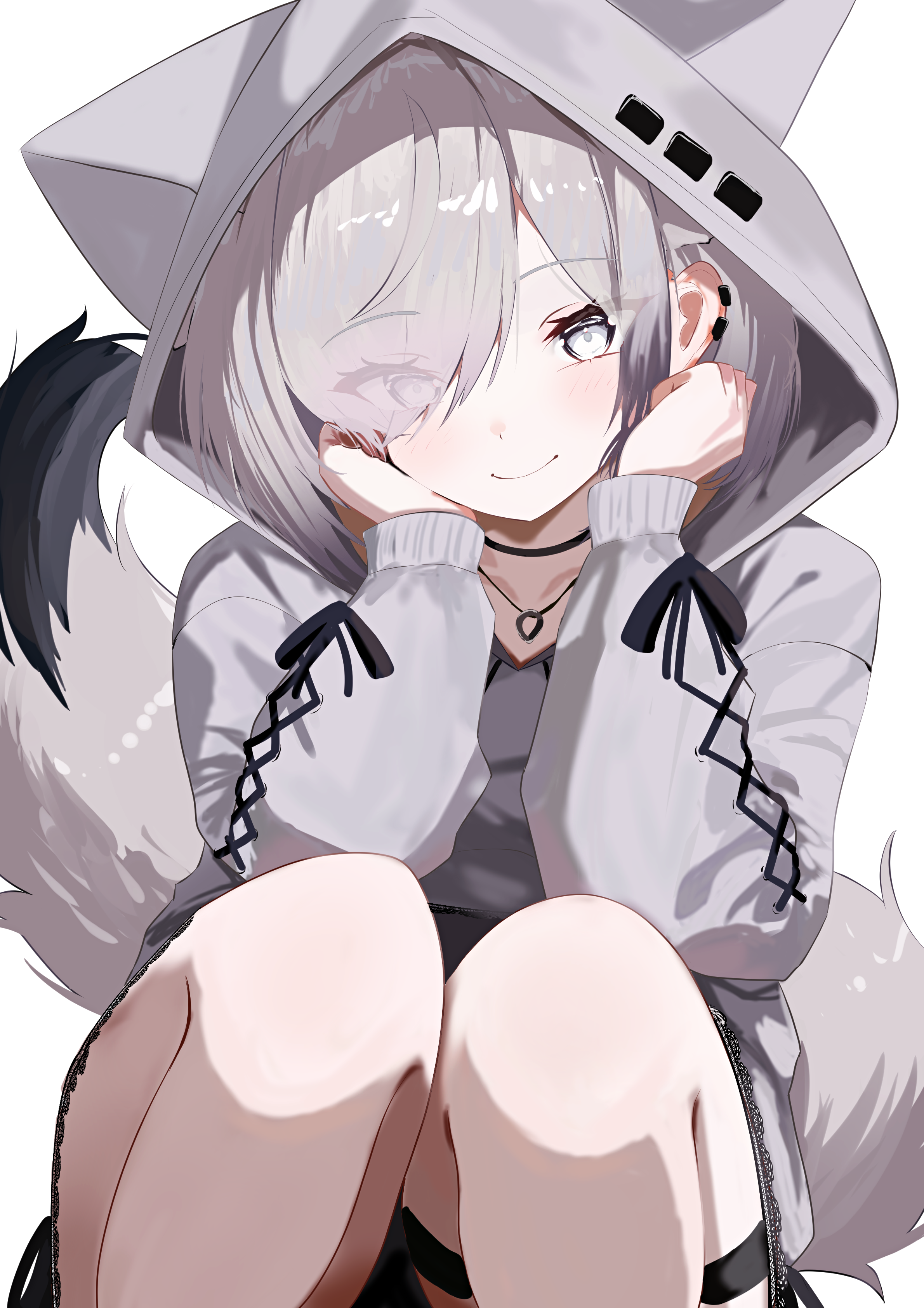 natsuki (natsu 1936), original, absurdres, commentary request, highres, paid reward available, 1girl, animal ear hood, animal ears, black choker, blush, choker, closed mouth, ear piercing, eyes visible through hair, fake animal ears, fox ears, fox girl, fox tail, grey eyes, grey hair, grey hoodie, grey tail, hands on own face, hands up, head rest, hood, hood up, hooded jacket, hoodie, jacket, jewelry, long sleeves, necklace, piercing, short hair, sidelocks, simple background, smile, solo, squatting, tail, thigh strap, thighs, white background