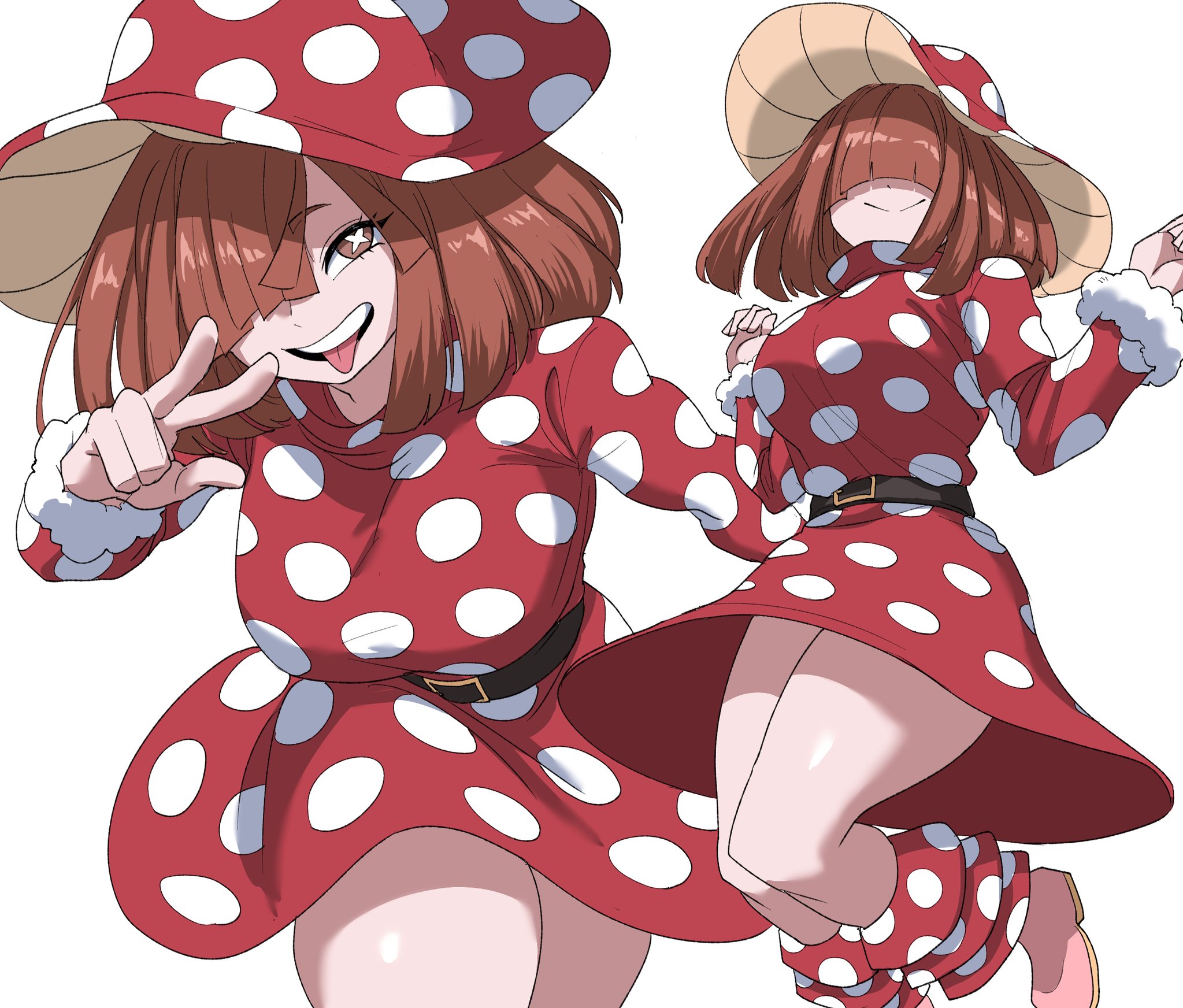 nasu (ilo a5), komori kinoko, boku no hero academia, highres, 1girl, belt, brown eyes, brown hair, dress, hair over eyes, hair over one eye, hat, high collar, multiple views, polka dot, polka dot dress, polka dot hat, smile, superhero costume, symbol-shaped pupils, tongue, tongue out, v, white background, x-shaped pupils