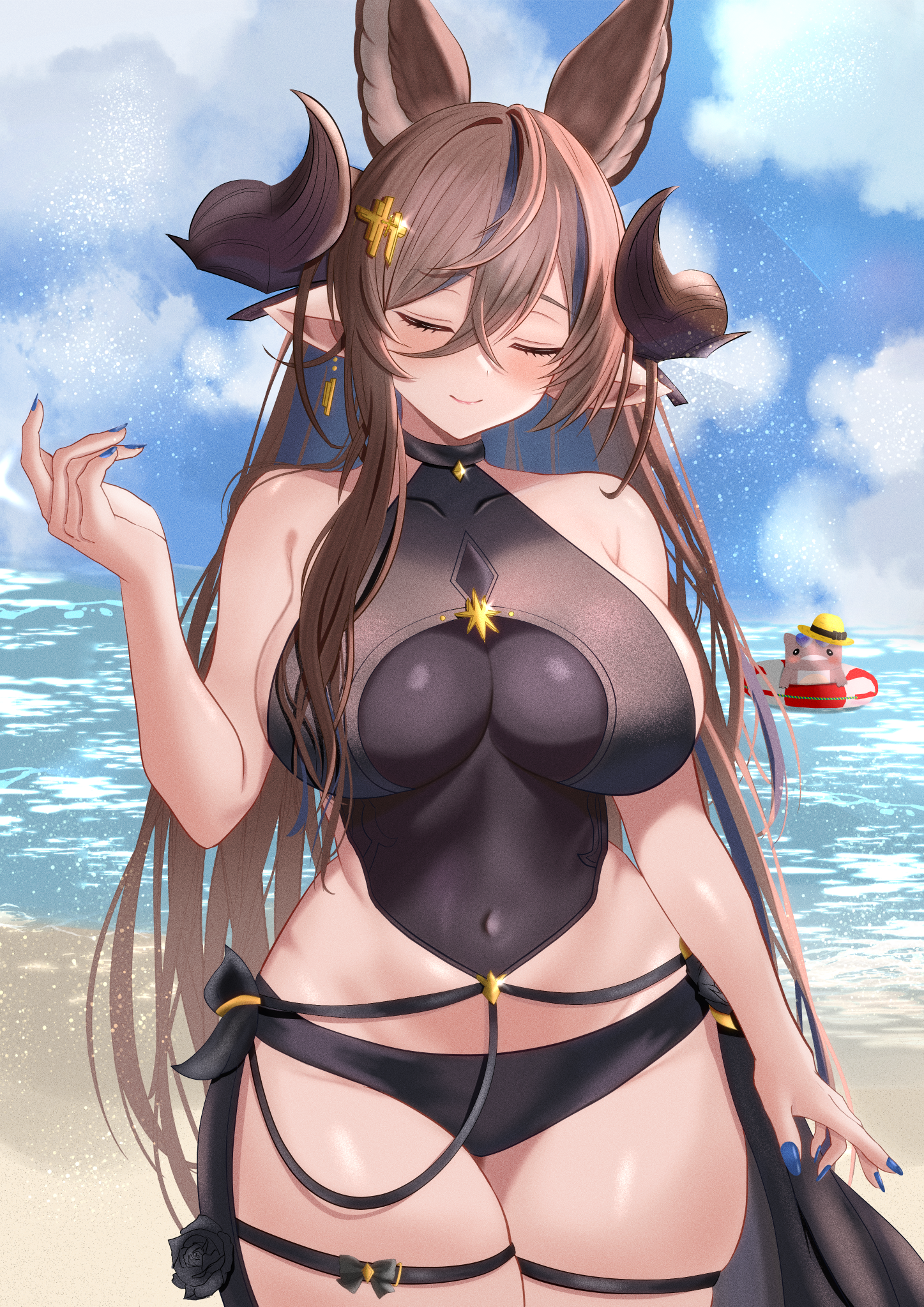 hilda sakura, galleon (granblue fantasy), galleon (summer) (granblue fantasy), granblue fantasy, highres, 1girl, animal ears, bare shoulders, black choker, blue nails, blush, breasts, brown hair, choker, closed eyes, collarbone, covered navel, earrings, extra ears, hair between eyes, hair ornament, horns, jewelry, large breasts, long hair, multicolored hair, official alternate costume, pointy ears, skin tight, smile, solo, streaked hair, thigh strap, thighs, very long hair