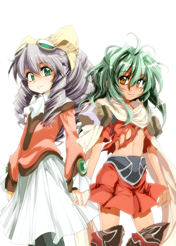 mochi (circle rin), emerada (xenogears), maria balthasar, monolith soft, xeno (series), xenogears, black legwear, 2girls, antenna hair, armor, ascot, bow, dark-skinned female, dark skin, drill hair, fang, fang out, goggles, green eyes, green hair, hair between eyes, holding hands, long hair, messy hair, midriff, miniskirt, multiple girls, pantyhose, pauldrons, ribbon, scarf, shoulder armor, skirt, thighhighs, torn clothes, white ascot, yellow bow, yellow eyes