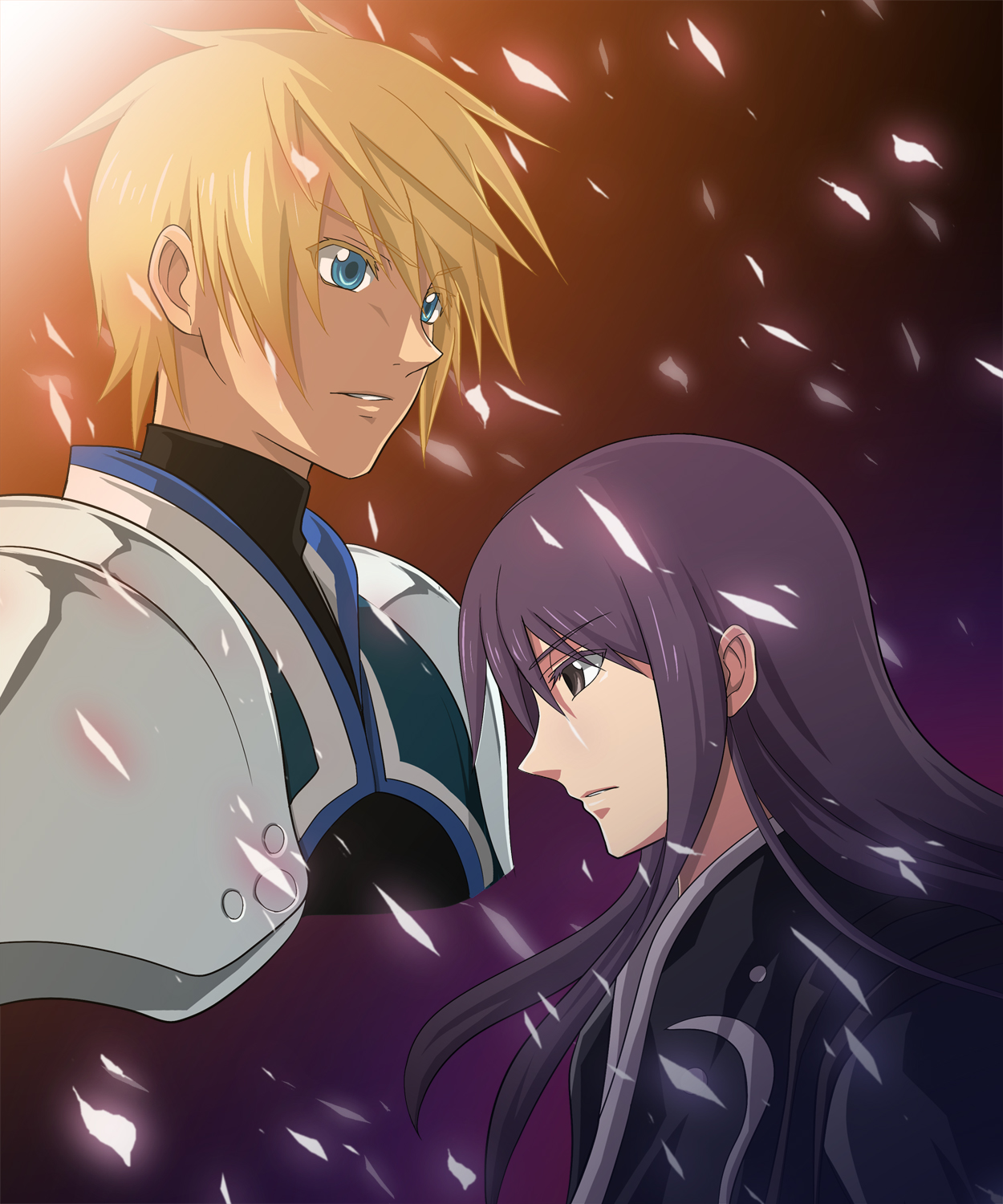 a-a, flynn scifo, yuri lowell, tales of (series), tales of vesperia, highres, 00s, 2boys, armor, black eyes, black hair, blonde hair, blue eyes, colored eyelashes, gradient background, long hair, male focus, multiple boys, serious, upper body