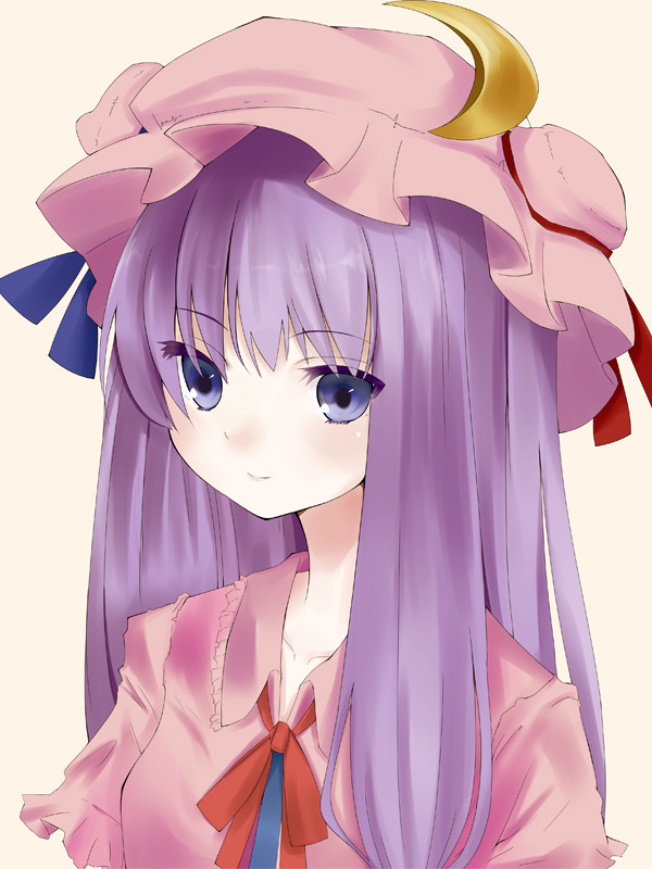 hangetsuakibarika, tiny (pixiv), patchouli knowledge, touhou, 1girl, female focus, hat, long hair, purple eyes, purple hair, ribbon, simple background, solo