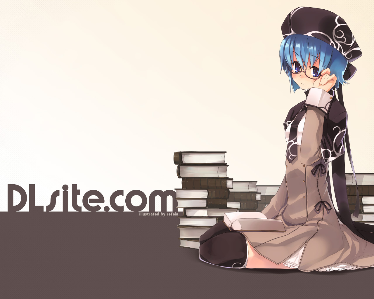 refeia, elle sweet, dlsite.com, 1girl, adjusting eyewear, black hat, blue eyes, blue hair, blush, book, from side, glasses, grey theme, hat, kneeling, short hair, sitting, smile, thighhighs, watermark, web address