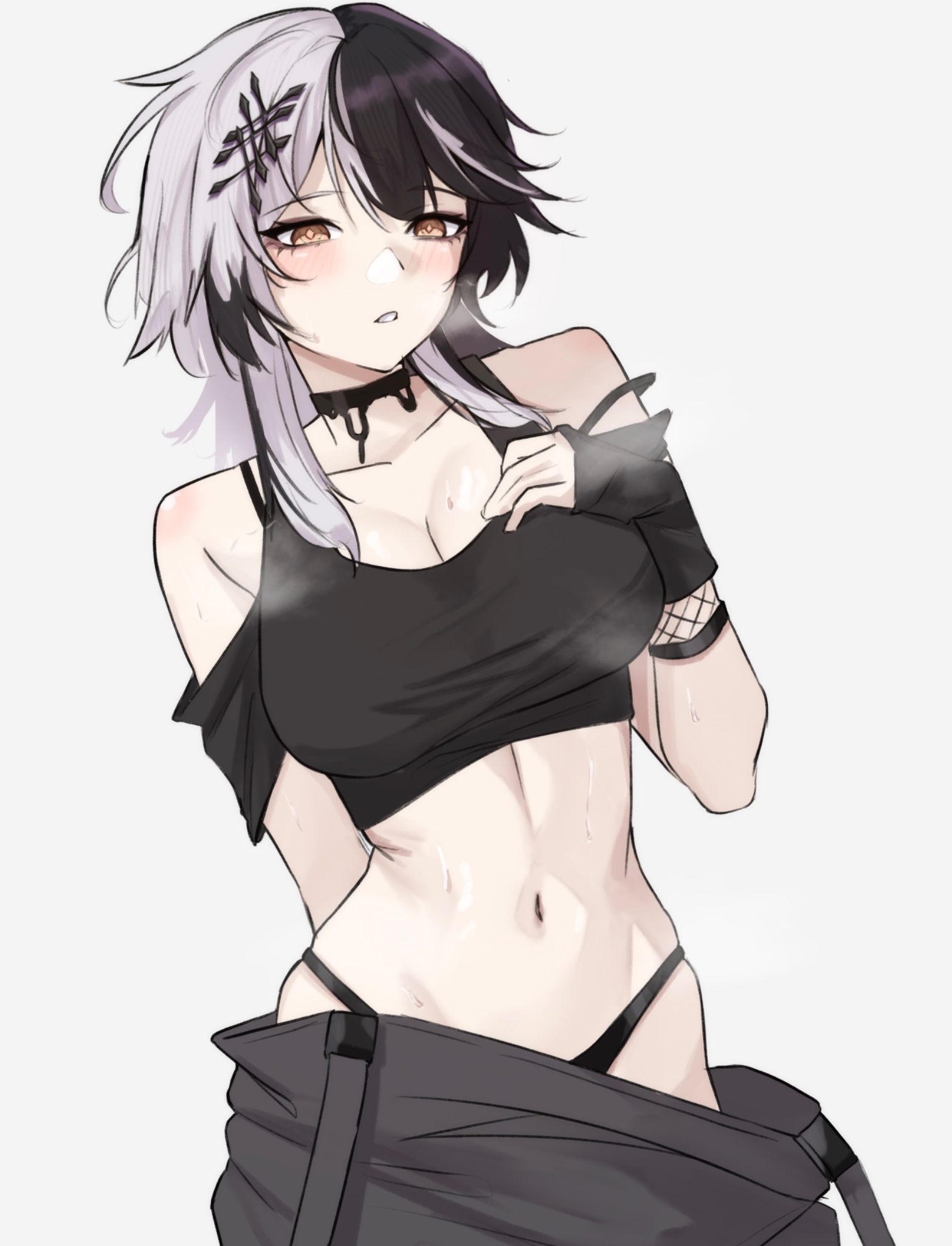 nurizza ilst, shiori novella, hololive, hololive english, commentary, english commentary, highres, 1girl, alternate costume, arm behind back, bare shoulders, black choker, black hair, black panties, black shirt, blush, bra strap, breasts, breath, choker, clothing cutout, cowboy shot, crop top, fishnets, grey hair, hair ornament, hand on own chest, highleg, highleg panties, hot, large breasts, long hair, looking at viewer, multicolored hair, navel, panties, parted lips, shirt, short sleeves, shoulder cutout, simple background, solo, split-color hair, standing, steaming body, sweat, two-tone hair, underwear, virtual youtuber, waders, white background, yellow eyes