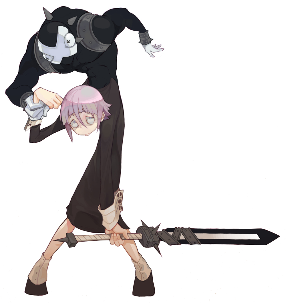 crona (soul eater), ragnarok (soul eater), soul eater, bad id, bad pixiv id, gender request, + +, 00s, abs, androgynous, armband, bent over, black dress, black skin, blue eyes, colored skin, cuff links, dress, empty eyes, gauntlets, gloves, hair between eyes, holding another's wrist, muscular, pink hair, shoes, short hair, spikes, sword, weapon, white gloves