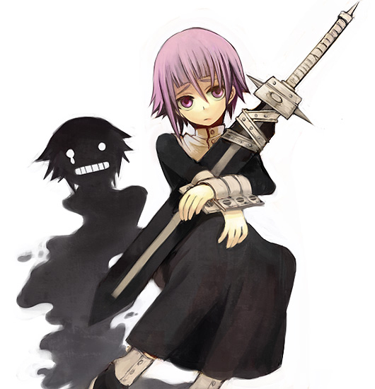 crona (soul eater), ragnarok (soul eater), soul eater, artist request, gender request, non-web source, 00s, androgynous, black dress, cuff links, dress, frown, hair between eyes, high collar, pink hair, purple eyes, sad, shadow, shoes, short hair, simple background, sitting, solo, sword, weapon, white background