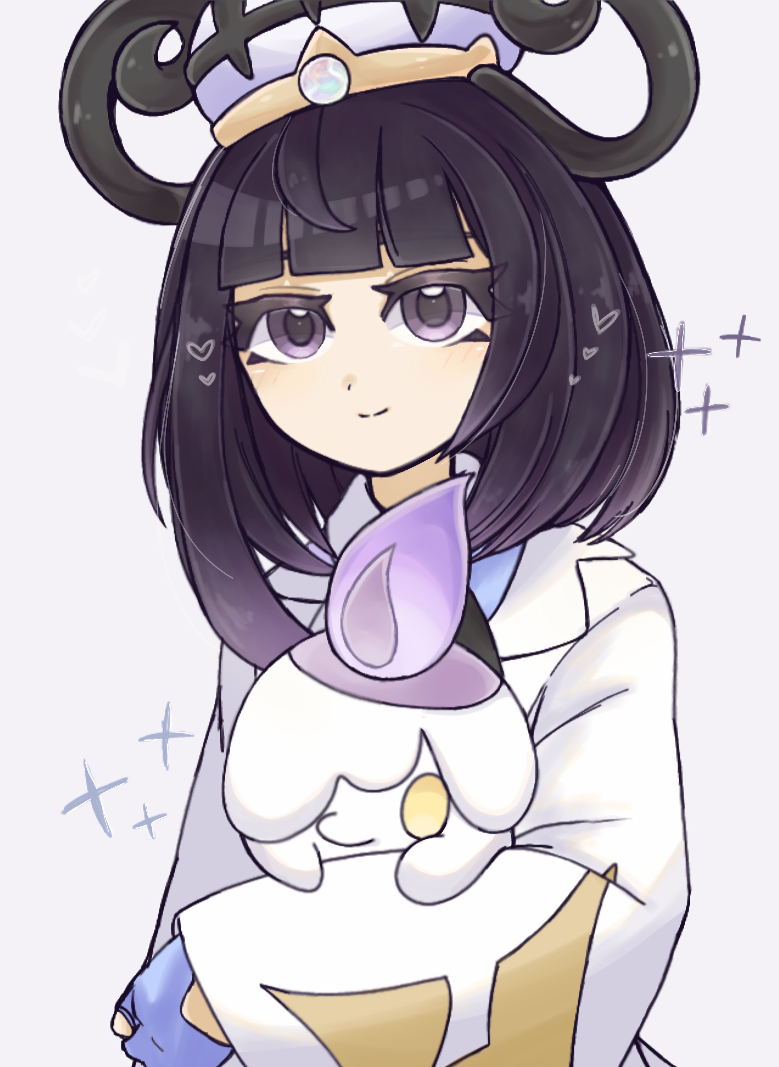 suzu (pixiv 32232702), gwynn (pokemon), litwick, nintendo, pokemon, pokemon legends: z-a, absurdres, highres, 1girl, black hair, blue gloves, blunt bangs, bob cut, closed mouth, coat, eyelashes, gen 5 pokemon, gloves, gradient hair, hat, heart, holding, holding pokemon, long sleeves, looking at viewer, multicolored hair, partially fingerless gloves, pokemon (creature), purple eyes, purple hair, short hair, upper body, white coat, white hat