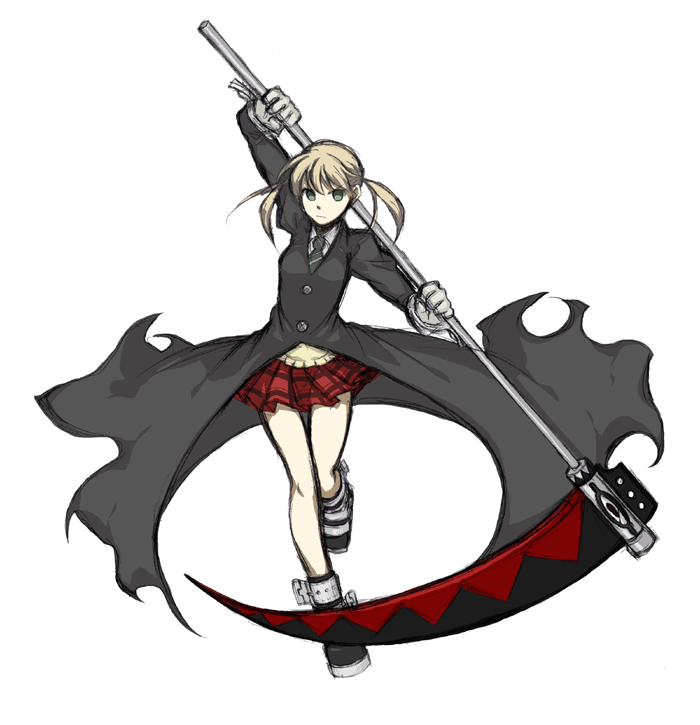 maka albarn, soul eater, non-web source, 00s, 1girl, blonde hair, buttons, coat, female focus, holding, holding weapon, huge weapon, jacket, long sleeves, looking at viewer, miniskirt, red skirt, scythe, simple background, sketch, skirt, solo, twintails, weapon, white background