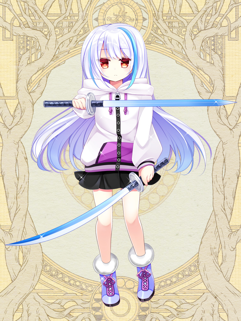 shikito (yawa0w0), dairoku ryouhei, 1girl, black skirt, blue hair, dual wielding, expressionless, full body, holding, holding sword, holding weapon, hood, hoodie, long hair, looking at viewer, mitsuhi lecott, multicolored hair, purple shoes, red eyes, shoes, skirt, solo, standing, streaked hair, sword, very long hair, weapon, white hair, white hoodie, yellow background