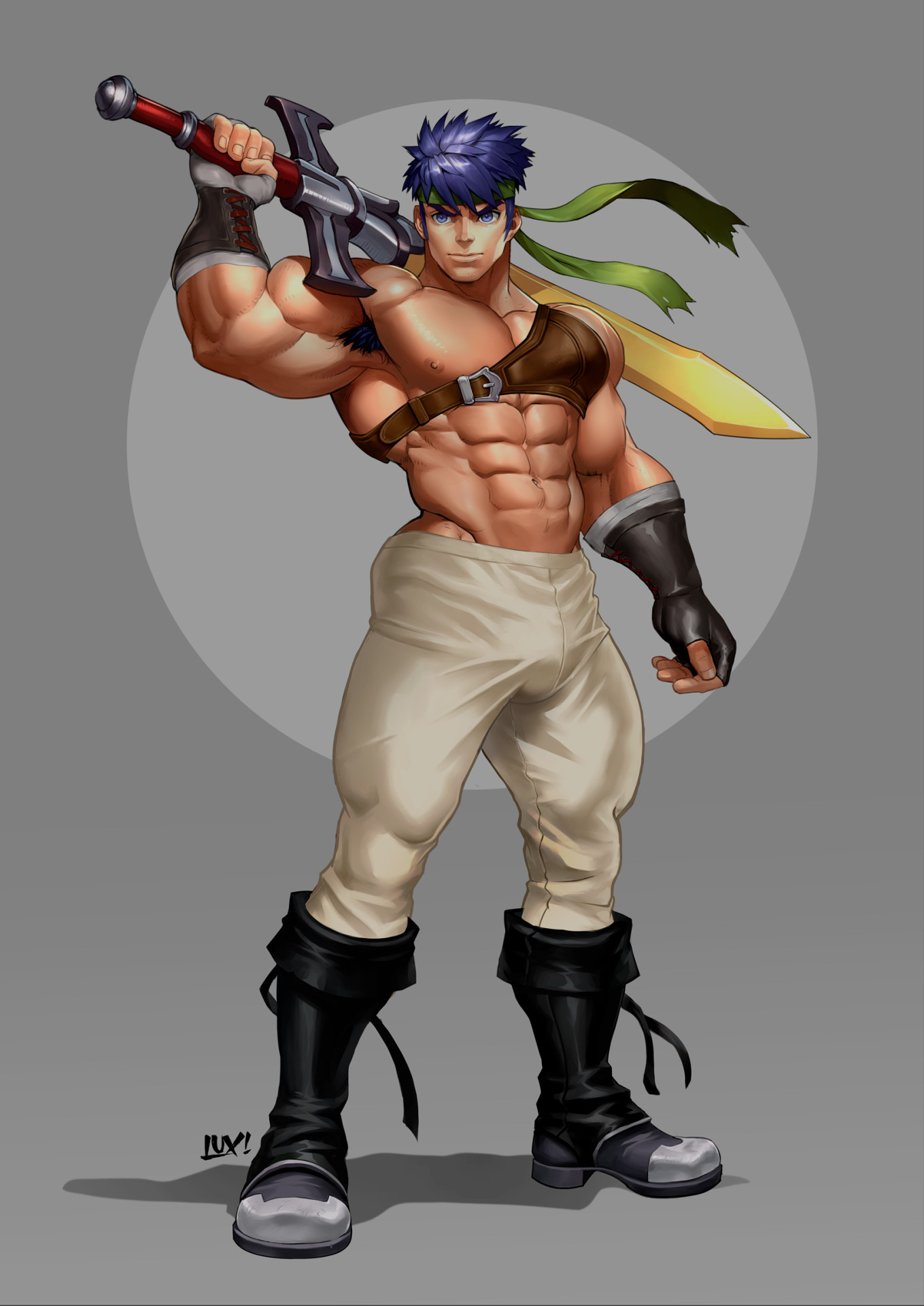 henry partum, ike (fire emblem), fire emblem, fire emblem: radiant dawn, nintendo, commentary, highres, variant set, 1boy, abs, armpit hair, bara, bare pectorals, biceps, blue eyes, blue hair, closed mouth, full body, green headband, headband, holding, holding sword, holding weapon, large pectorals, lips, male focus, muscular, muscular male, navel, nipples, over shoulder, pectorals, short hair, solo, standing, sword, sword over shoulder, weapon, weapon over shoulder