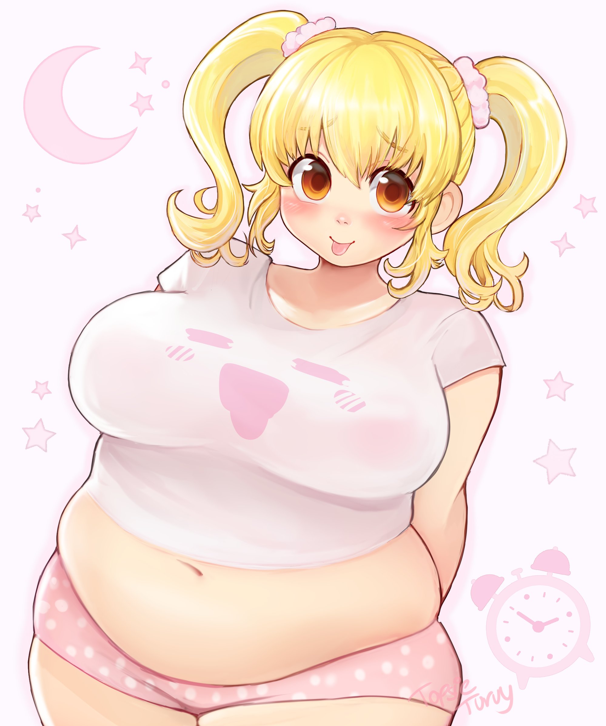 topsieturvy, super pochaco, nitroplus, commentary, english commentary, highres, 1girl, alarm clock, arms behind back, big belly, blonde hair, blush, breasts, clock, crescent, crop top, fat, large breasts, long hair, navel, pink background, pink scrunchie, pink shorts, polka dot, scrunchie, shirt, short shorts, shorts, sidelocks, signature, star (symbol), t-shirt, tongue, tongue out, twintails, upper body, white shirt, yellow eyes