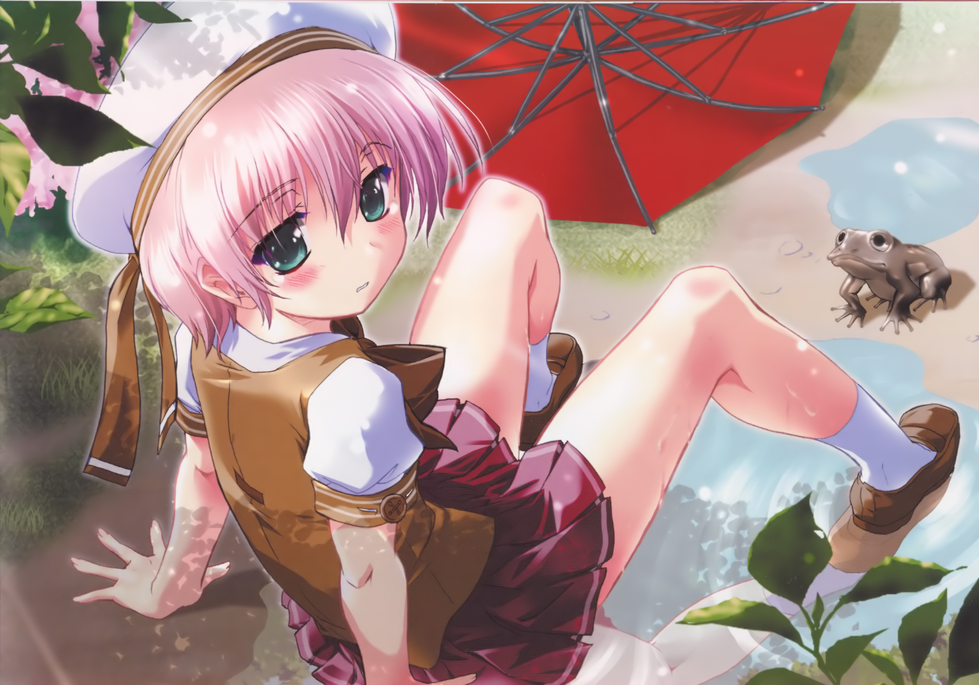 komatsu eiji, magi-cu, highres, blush, frog, green eyes, hat, pink hair, school uniform, short hair, skirt, socks, solo, umbrella, wet