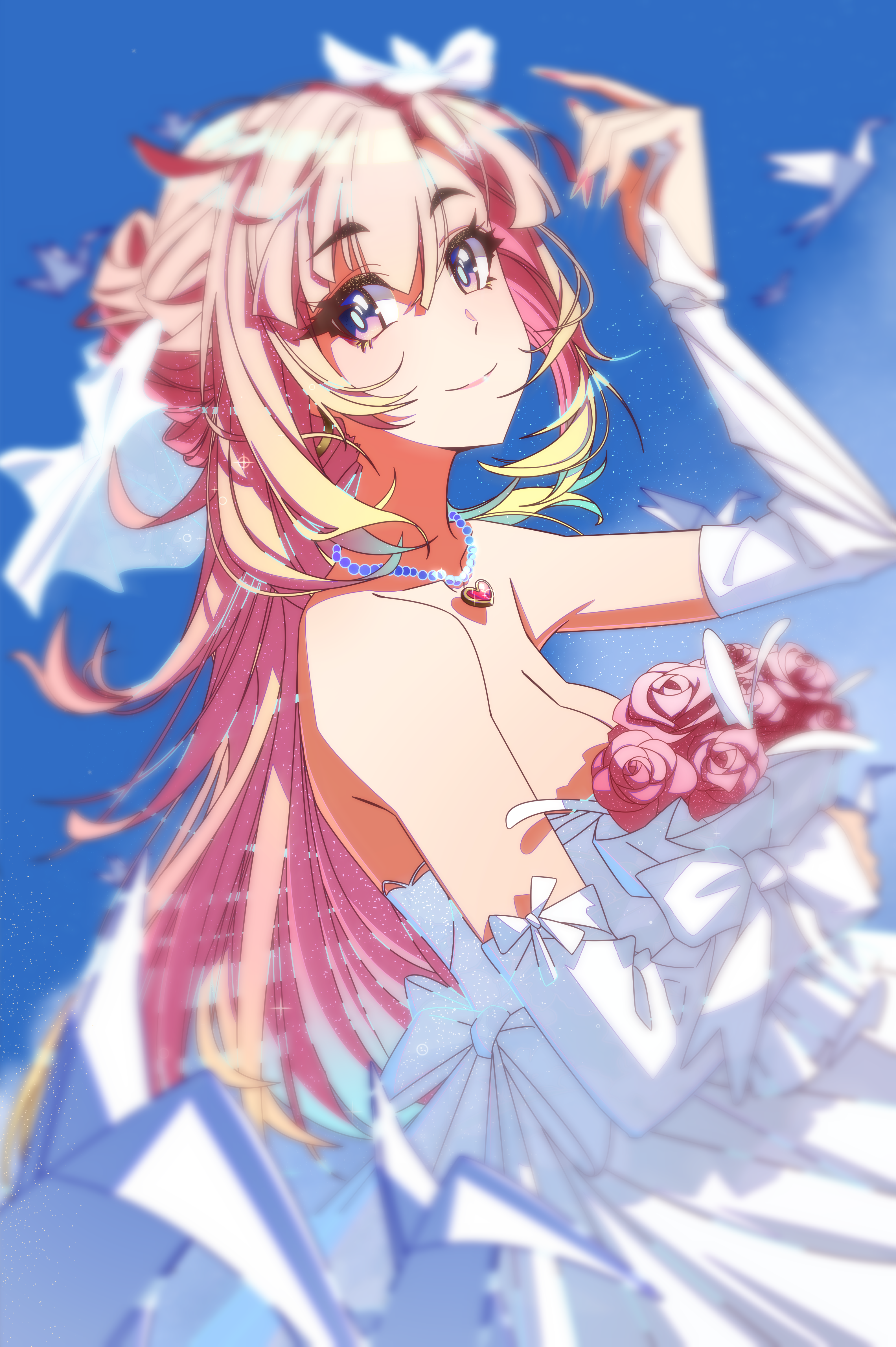 go satoshi ko, elysia (honkai impact), honkai (series), honkai impact 3rd, absurdres, chinese commentary, commentary request, highres, 1girl, bare shoulders, bird, blue sky, bouquet, breasts, bridal gauntlets, cleavage, dove, dress, flower, from side, heart, heart necklace, holding, holding bouquet, jewelry, large breasts, long hair, necklace, pink flower, pink hair, pink rose, purple eyes, rose, sky, smile, solo, very long hair, wedding dress, white dress