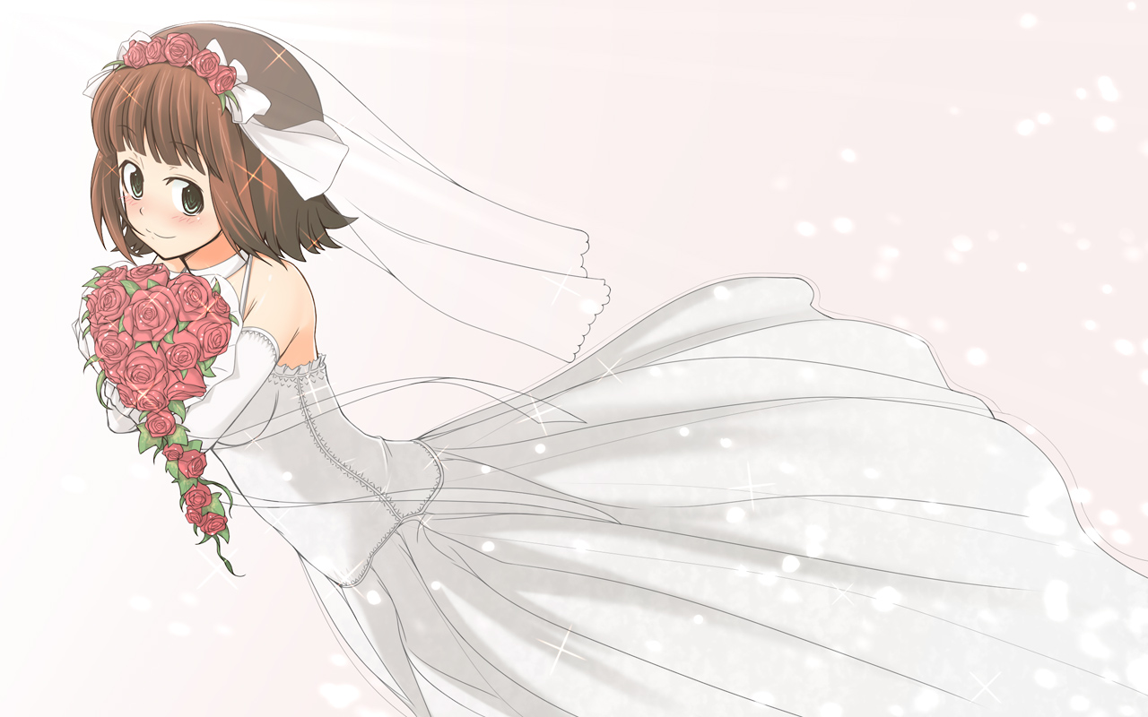 kazuto san, amami haruka, idolmaster, idolmaster (classic), idolmaster 1, bad id, bad pixiv id, 00s, 1girl, bouquet, bridal veil, bride, dress, elbow gloves, female focus, flower, gloves, rose, solo, veil, wedding dress